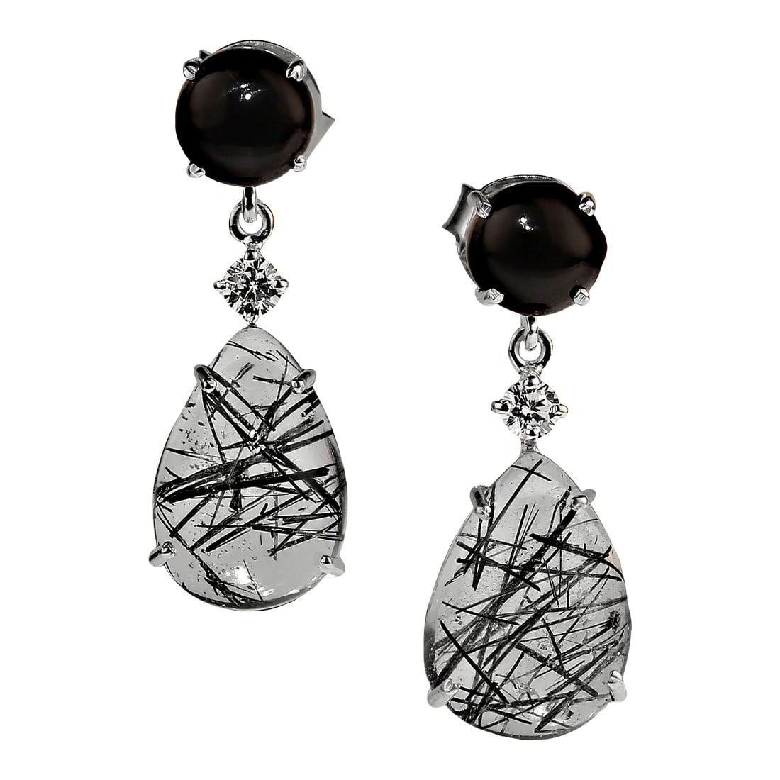 AJD Sophisticated Black and White Earrings - 2 Pieces: This is part of Chairish's Fine Jewelry assortment. Tourmalinated quartz and black onyx and dangle earrings in sterling silver. These elegant and sophisticated earrings dangle 1.13 inches and