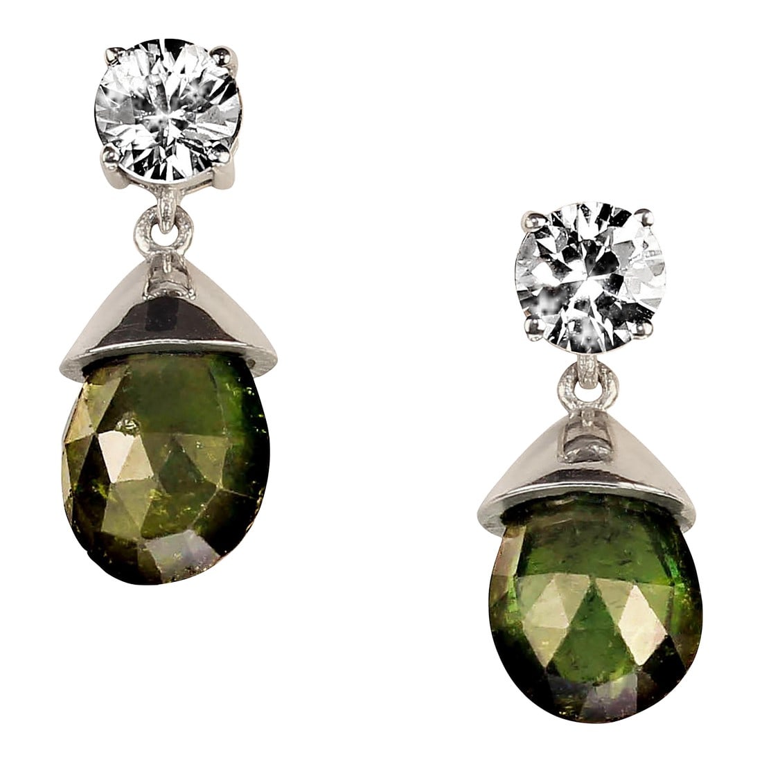 Evening Earrings of Genuine Zircons and Green Tourmalines - 2 Pieces: This is part of Chairish's Fine Jewelry assortment. Sparkling Green Tourmaline and Zircon Earrings in Sterling Silver Elevate your jewelry collection with these stunning green tourmaline and zircon ea