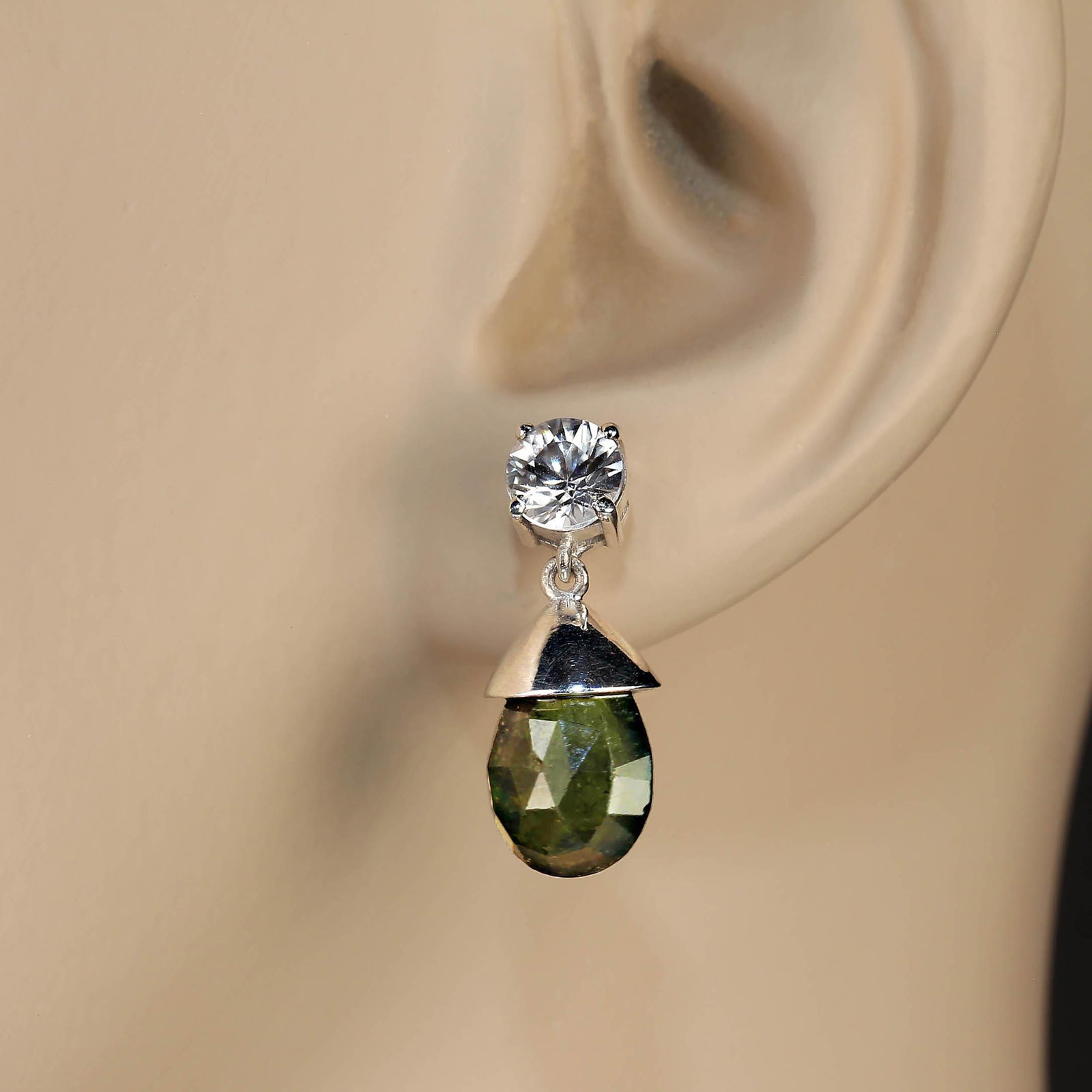 Evening Earrings of Genuine Zircons and Green Tourmalines - 2 Pieces - 2