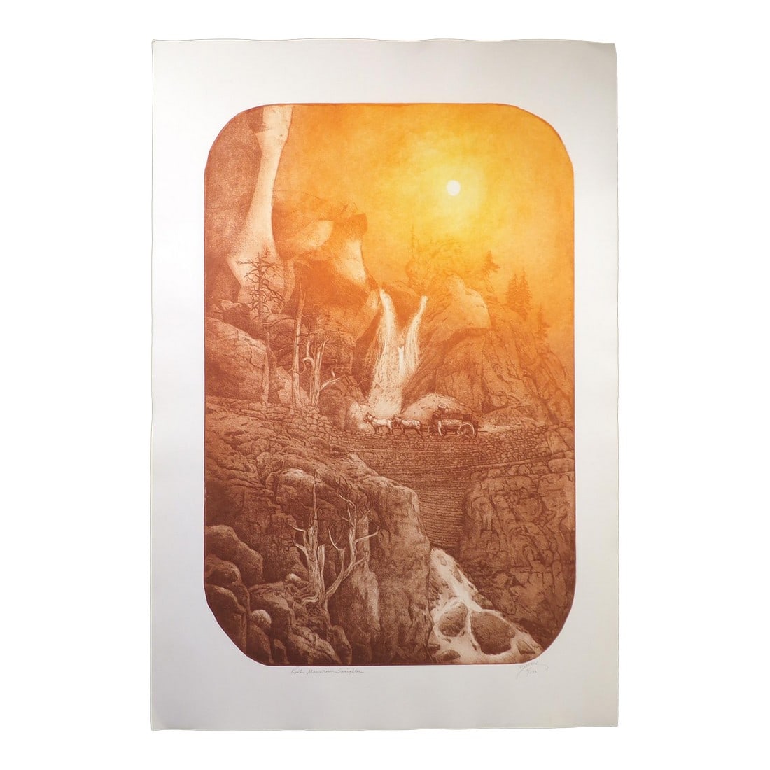 Roy Purcell "Rocky Mountain Freighter" Signed Numbered Art Etching 1980: Rocky Mountain Freighter by Roy Purcell Pencil signed titled and numbered by the artist Marks on margin Limited Edition Etching on Paper Hand signed by the artist Paper Size: 44" x 29-1/2" 