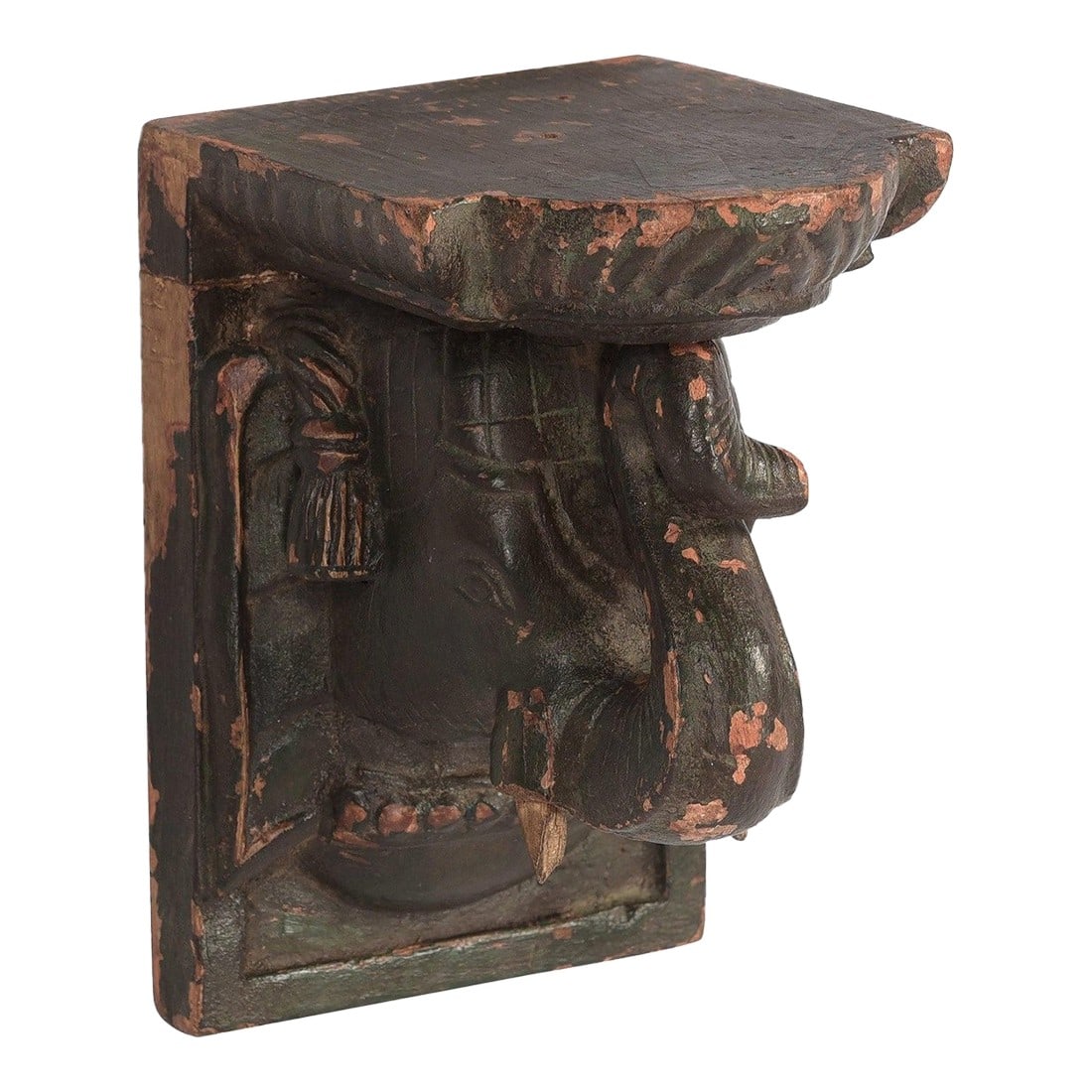 Vintage Elephant Carved Corbel Rustic Ranch Style Wall Sconce Shelf: Dimensions: 6 W x 7" D x 9" H Features: "• A rare piece and one of its kind exists "• 100% solid wood construction "• Hand carved by skilled artisans "• Eclectic transitional style