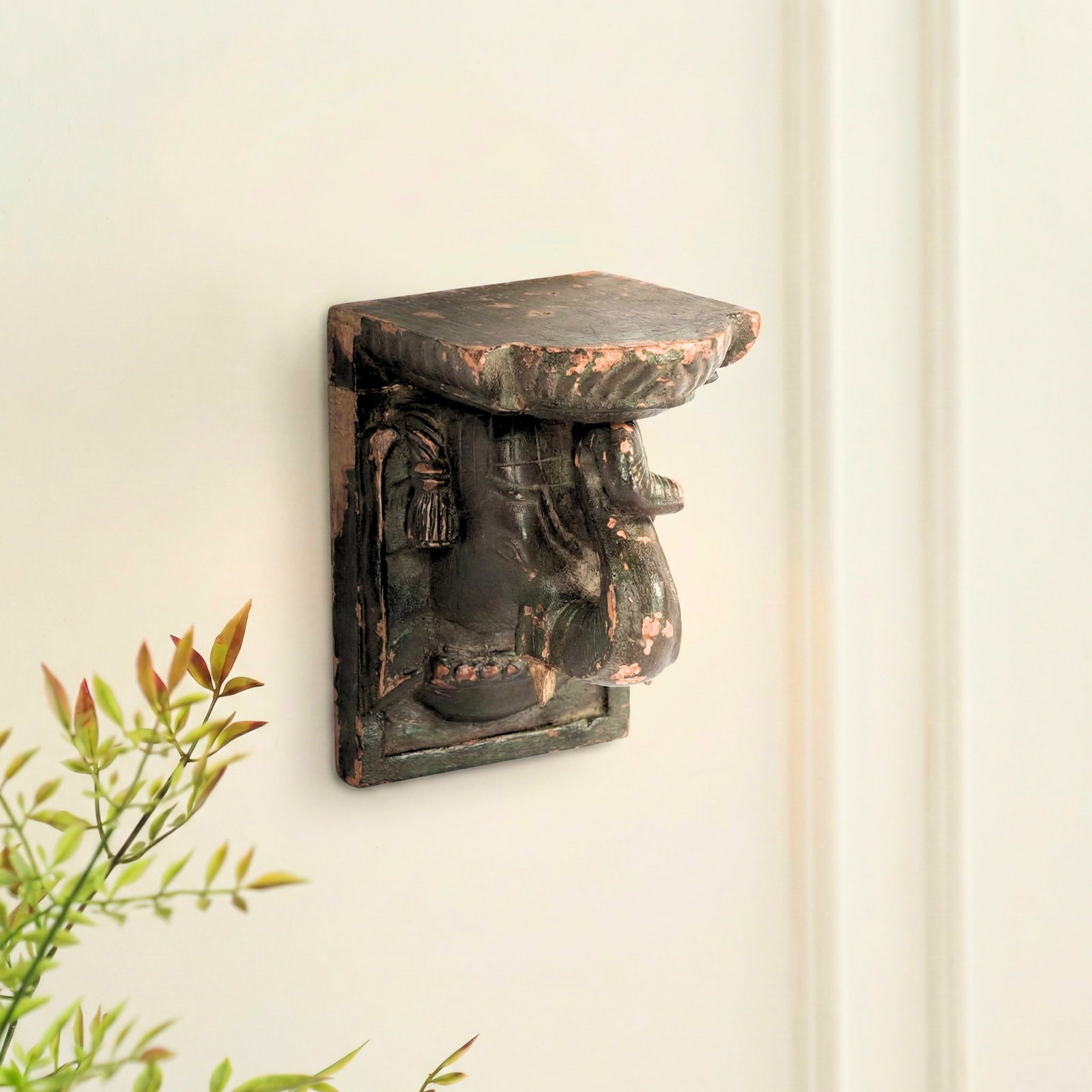 Vintage Elephant Carved Corbel Rustic Ranch Style Wall Sconce Shelf - 3