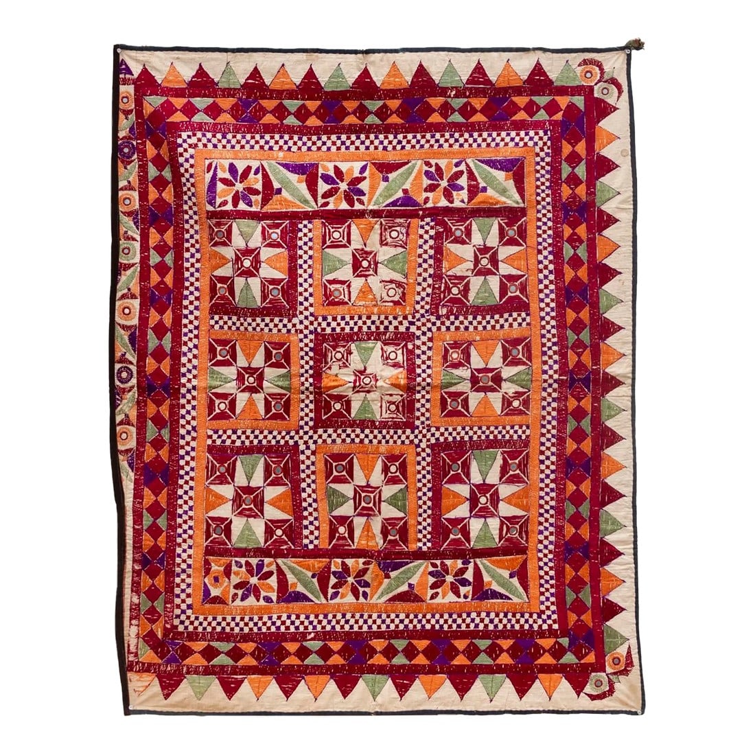 Antique Multicolor Kutch Wall Tapestry: This finely embroidered antique textile panel is a testament to the artistry of the Kutch region in Gujarat, India, hails from the early 20th century. This piece of antique wall art is a vibrant