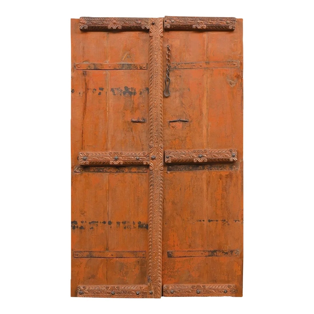 Vintage Handmade Rustic Farmhouse Style Teak Wood Carved Door With Nailheads: Dimensions: 44" W X 2.5" D X 71" H Features: "• A rare piece and one of its kind exists "• 100% solid wood construction "• Hand carved by skilled artisans "• Eclectic