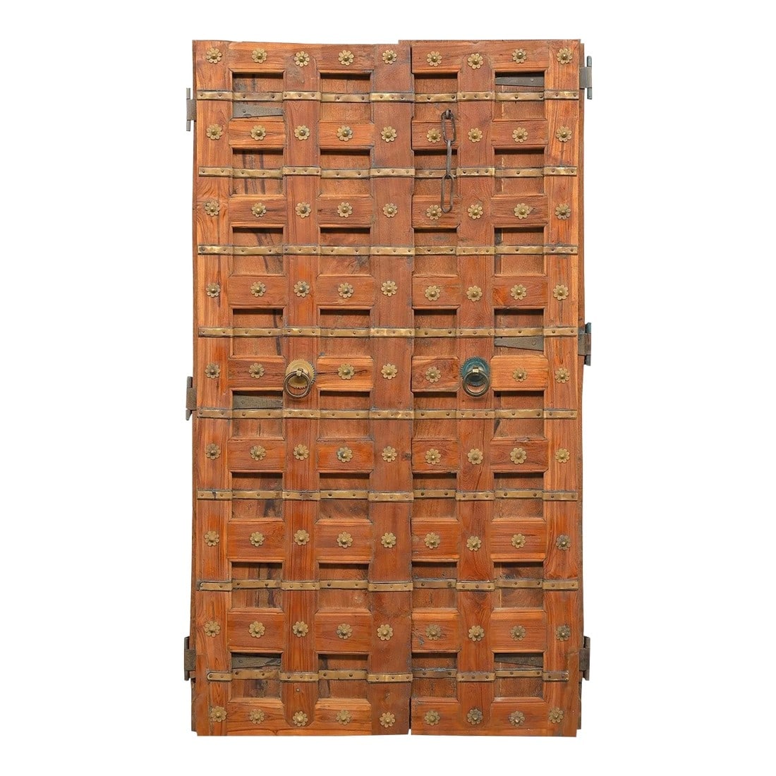 1990s Vintage Farmhouse Style Handcarved Solid Teak Wood Door With Original Brass Straps and Decorat: Dimensions: 40" W X 3" D X 70" H Features: "• A rare piece and one of its kind exists "• 100% solid wood construction "• Hand carved by skilled artisans "• Eclectic