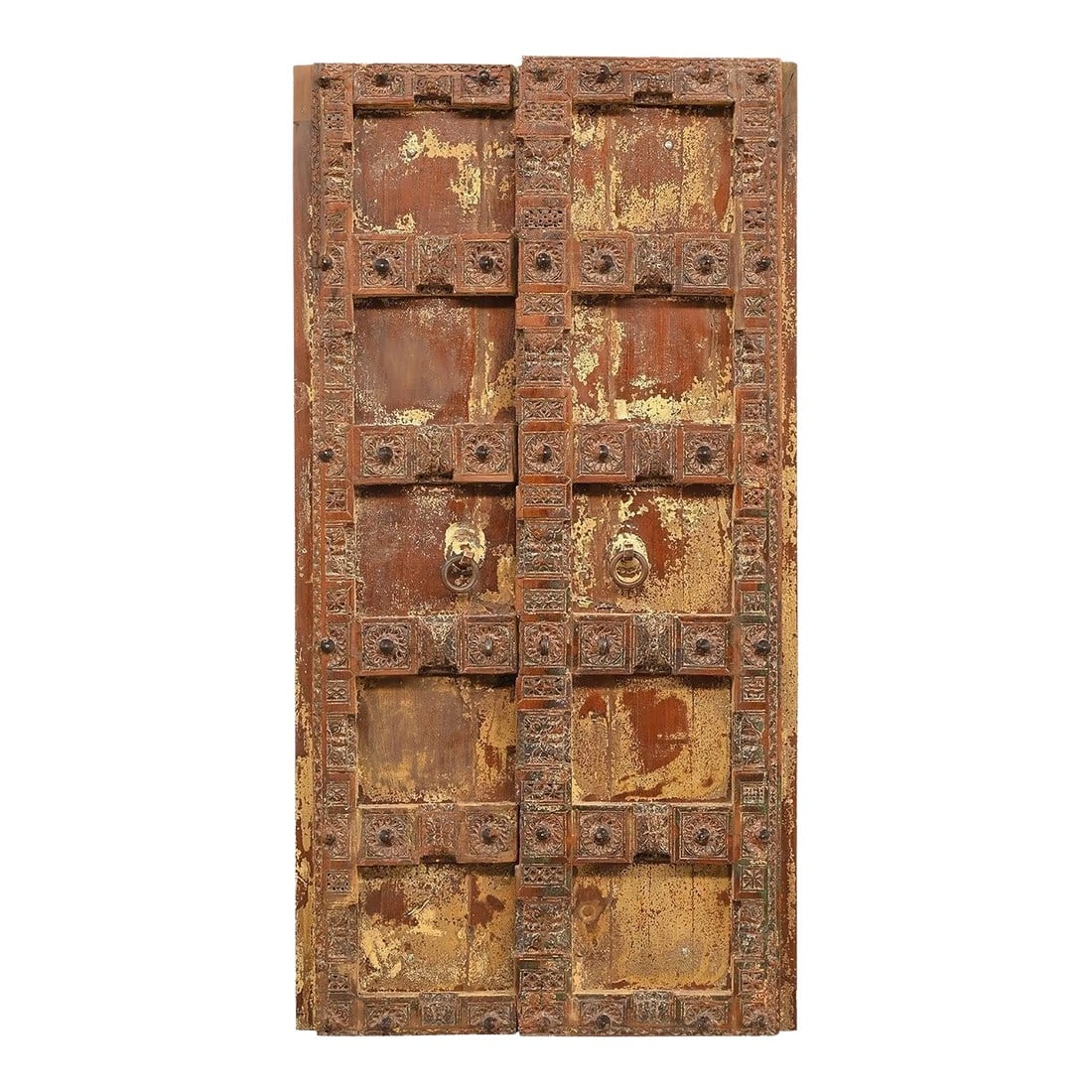 Vintage Handmade Farmhouse Solid Wood Reclaimed Hand Carved Teak Wood Distressed Painted Surati Door: Dimensions: 33" W X 4" D X 63.5" H Features: "• A rare piece and one of its kind exists "• 100% solid wood construction "• Hand carved by skilled artisans "• Eclectic transitional