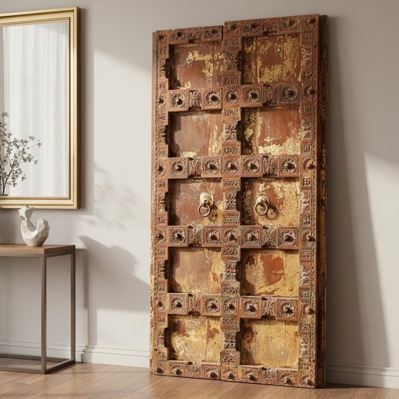 Vintage Handmade Farmhouse Solid Wood Reclaimed Hand Carved Teak Wood Distressed Painted Surati Door - 2