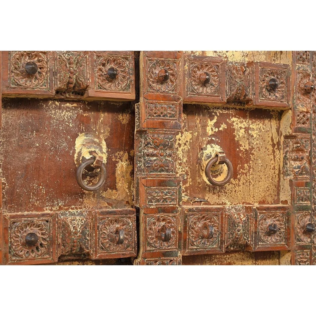 Vintage Handmade Farmhouse Solid Wood Reclaimed Hand Carved Teak Wood Distressed Painted Surati Door - 3