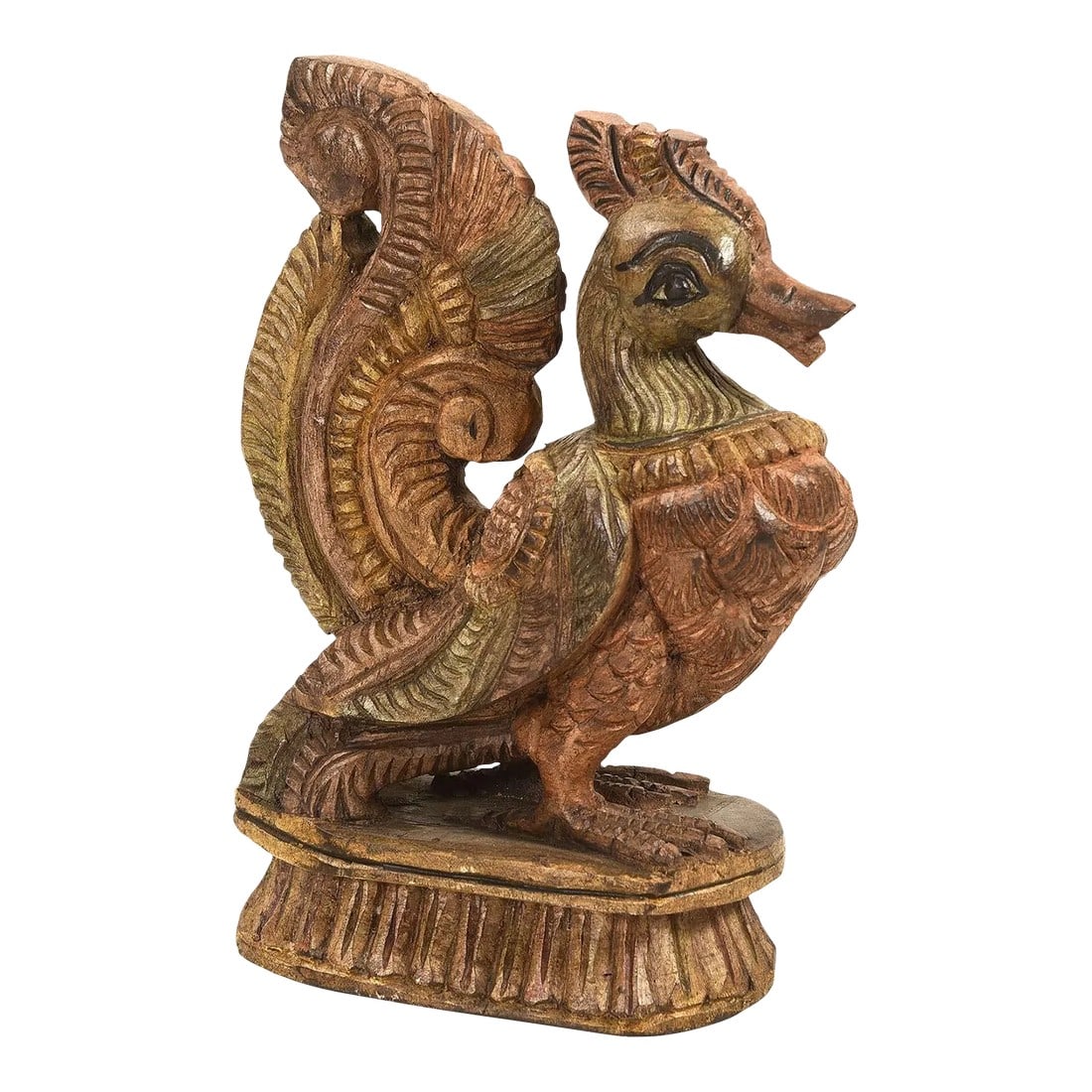 Vintage Carved Distressed Wooden Peacock Sculpture: Dimensions: 9" W x 4" D x 13" H This piece is handcrafted by artisans using basic hand tools. Due to the nature of this creative process, you can expect to find variations in their finish and