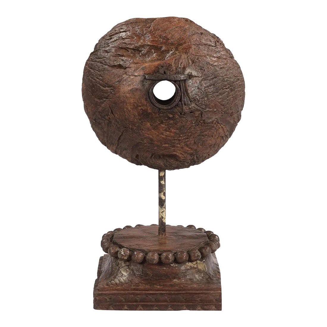 Rustic 1800s Antique Pulley Repurposed Display on Vintage Column Base: Dimensions: 9" W x 12" D x 23" H Features: "• A rare piece and one of its kind exists "• Solid wood construction "• Antique water well pulley repurposed "• Pulley is