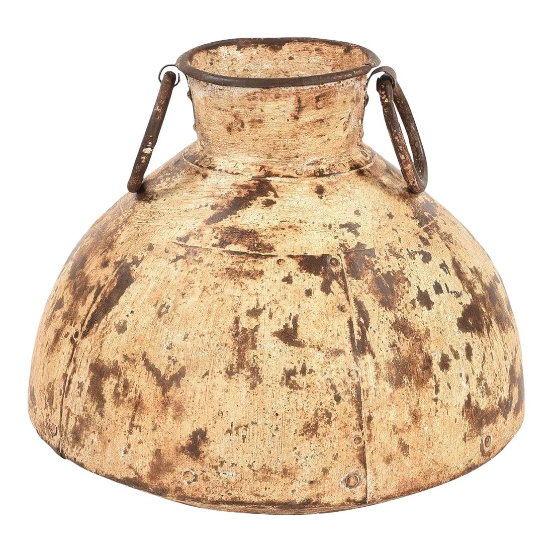 Rustic Vintage Large Metal Matka Vase With Ring Handles: Dimensions: 17" W x 17" D x 16" H Features: "• A rare piece and one of its kind exists "• Vintage metal " Matka" , water vessel from India "• 100% metal construction "•