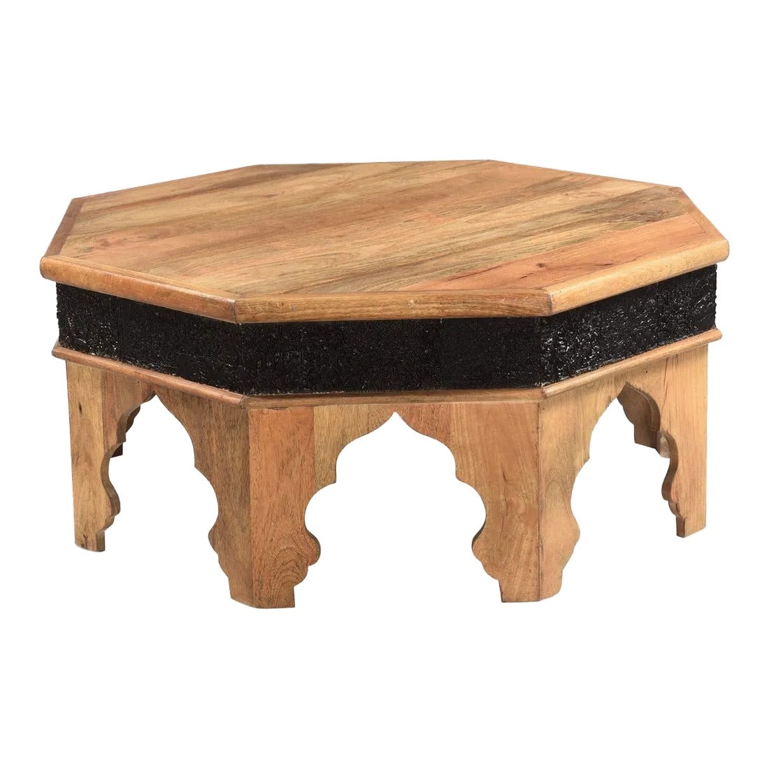1980s Mediterranean Style Solid Wood Hexagon Small Coffee Table With Vintage Stamps Carved Border: Dimensions: 39" W x 39" D x 17" H Features: "• 100% solid wood construction "• Vintage carved fabric printing stamps used in the apron border "• Natural wood finish with