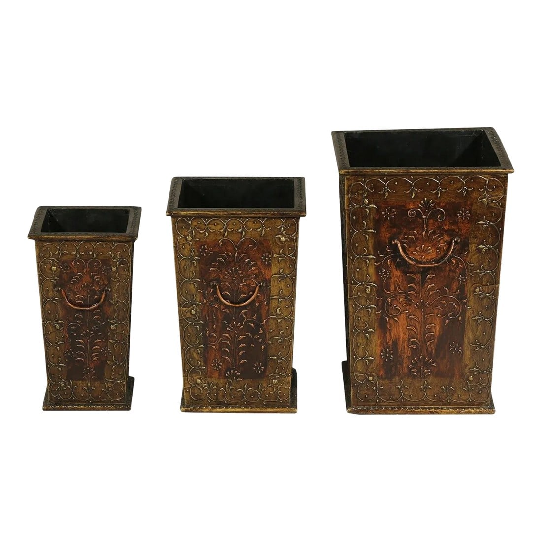 1990s Copper Gold Painted Square Vases - Set of 3: Dimensions: L: 12" W x 12" D x 18" H M: 9.5" W x 9.5" D x 15" H S: 7.5" W x 7.5" D x 13" H This piece is handcrafted by artisans using basic hand tools. Due to the nature of this creative process, you