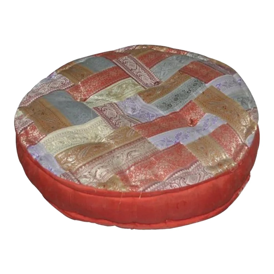 1990s Silk Patchwork Round Dog Bed With Cotton Filling: Dimensions: 30" W x 30" D x 6" H This tufted floor cushion is made from vintage, hand woven silk "Saree" fabric patches creating a dramatic collage of gorgeous colors and patterns. Filled with