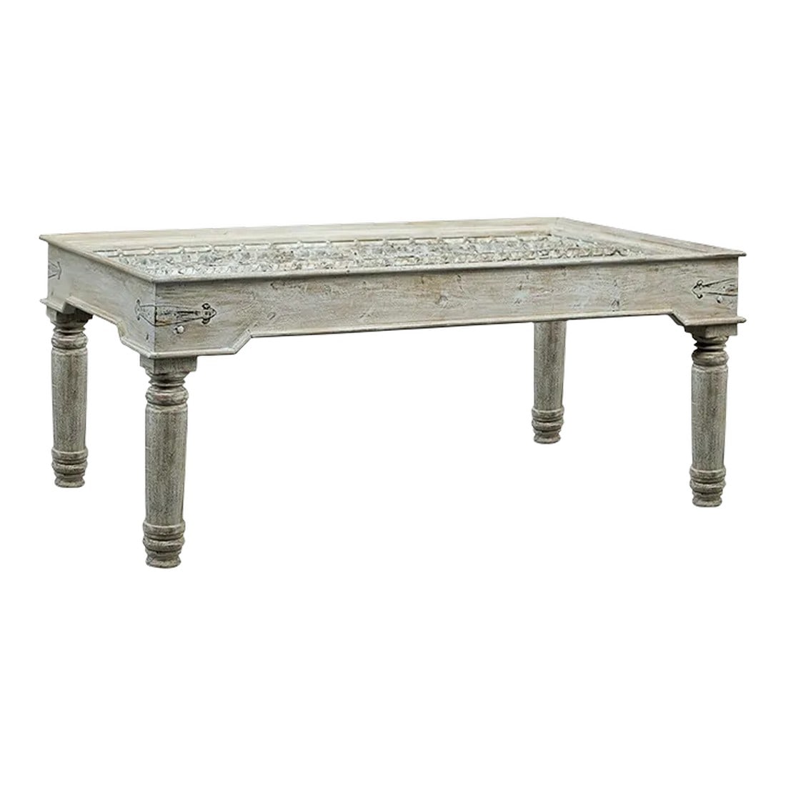 Long Carved Antique Door 6- Seater Dining Table - Distressed White (1 of 5)