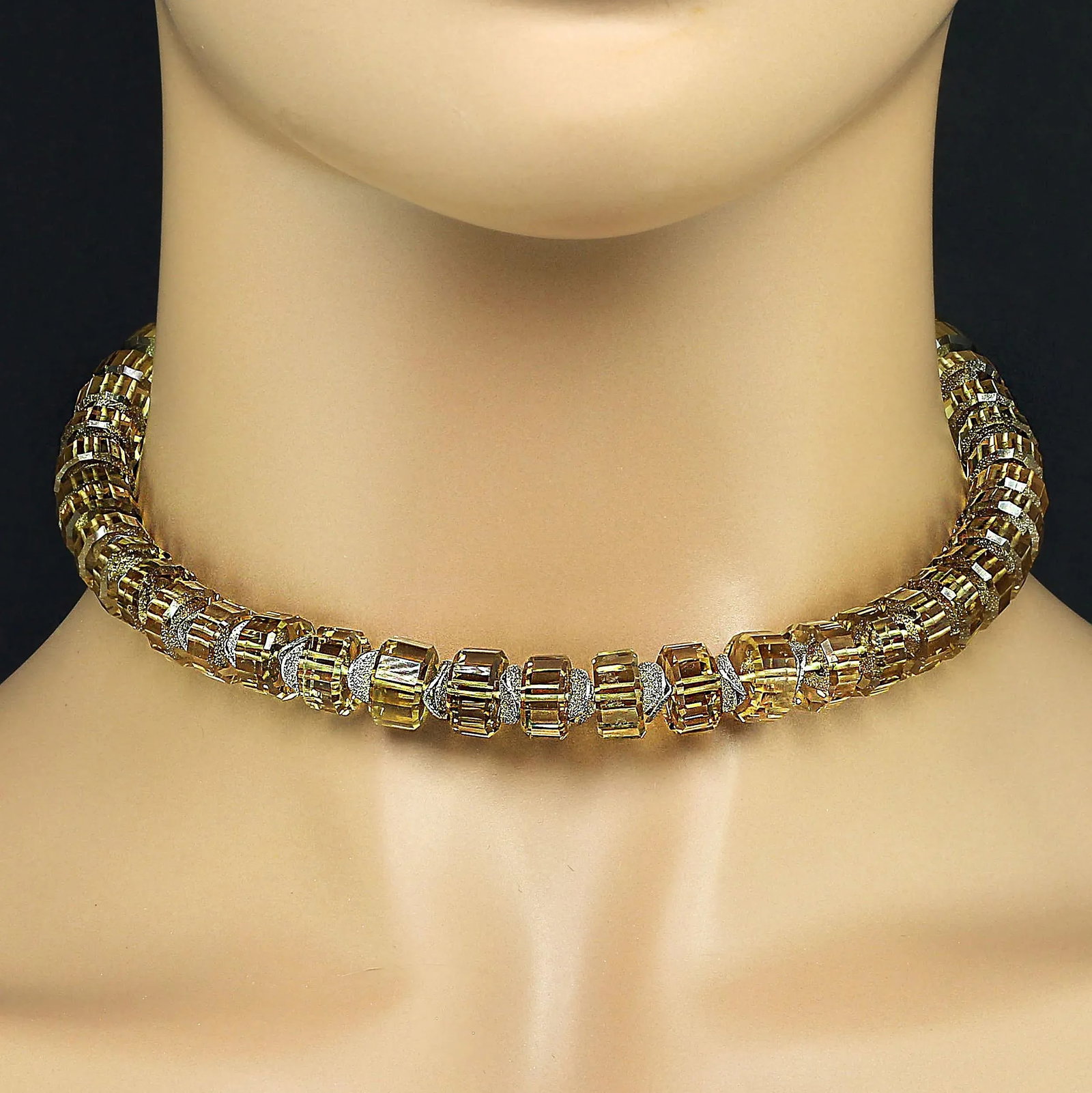 Choker Necklace of Cut Citrine Rondelles With Silver Clasp - 8