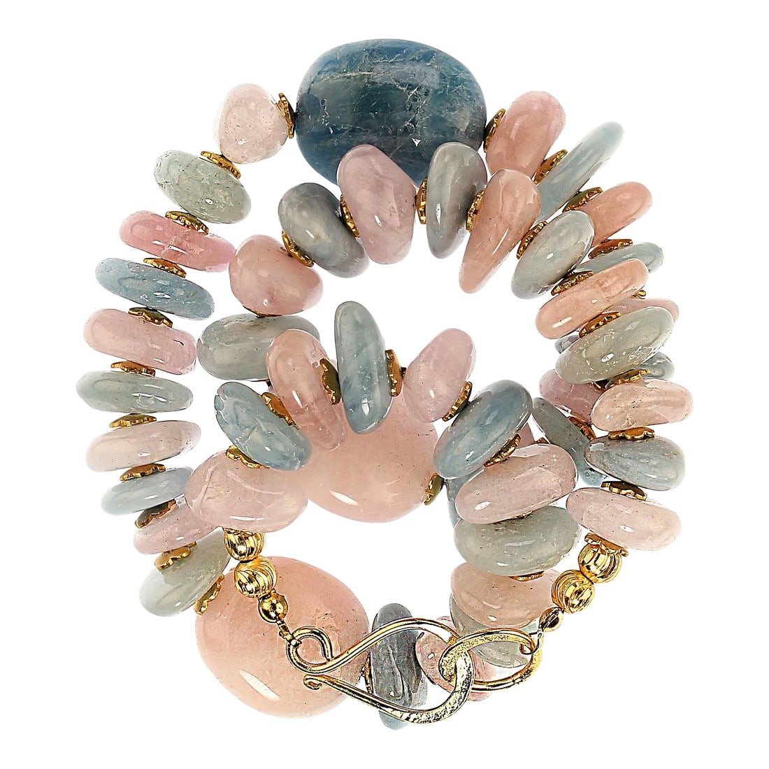 Polished Nuggets of Pink and Blue Beryl Necklace March Birthstone: This is part of Chairish's Fine Jewelry assortment. Exquisite Pink Morganite and Blue Aquamarine Necklace – A Tribute to the Beryl Family Gemstones Elevate your style with this stunning 19-inch