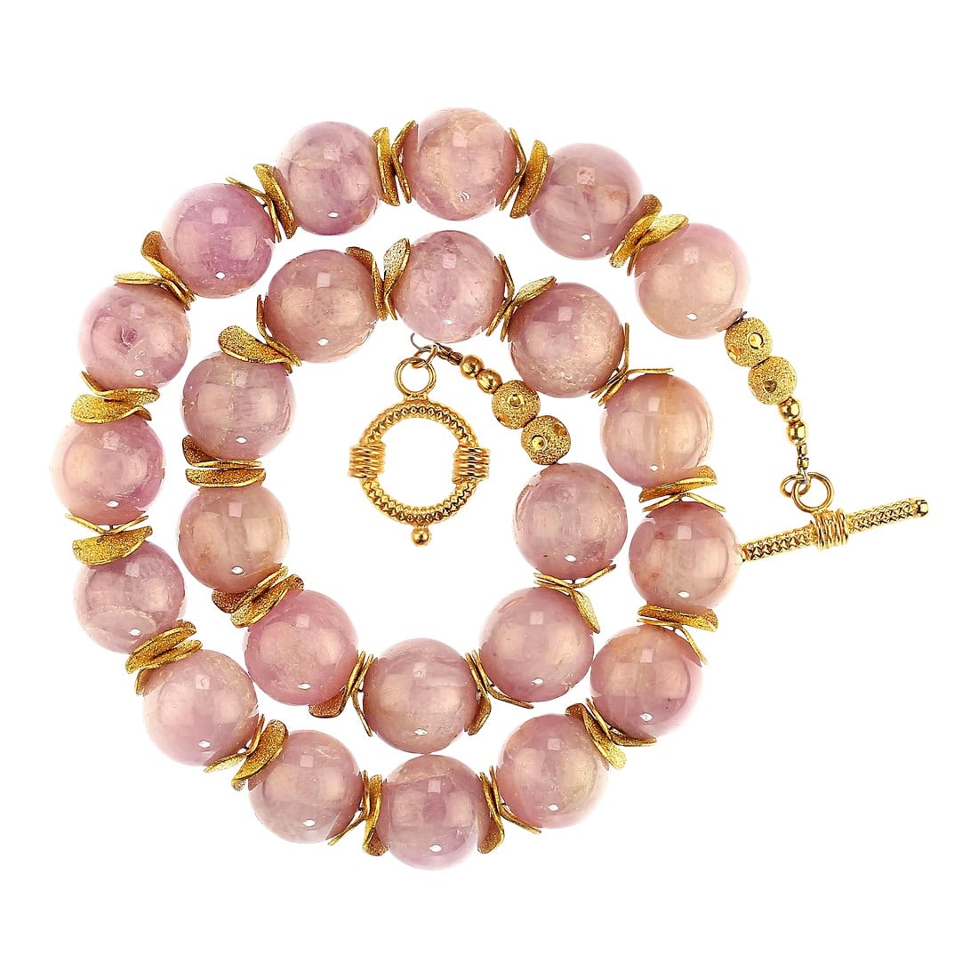 Pink Kunzite With Goldy Accents Necklace: This is part of Chairish's Fine Jewelry assortment. Delicate Pink Kunzite Necklace – 14mm Beads with Gold-Tone Flutter Spacers, Vermeil Toggle Clasp (16 inches) This delicate pink Kunzite necklace i