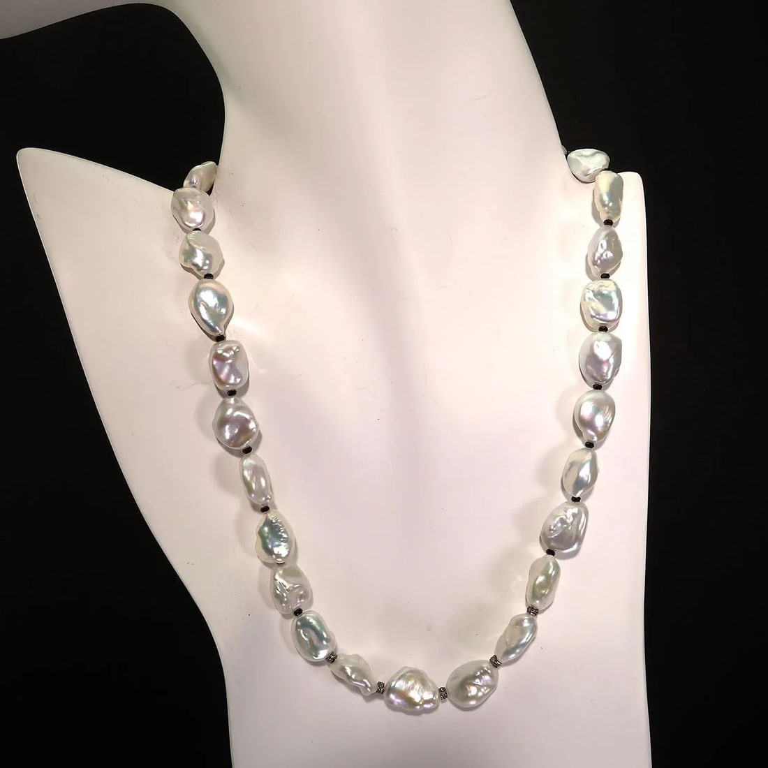Iridescent Silver Baroque Pearl Necklace and Diamond Accents - 10