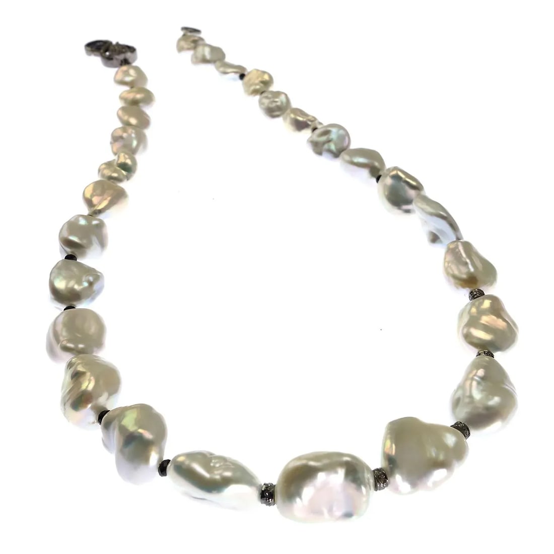Iridescent Silver Baroque Pearl Necklace and Diamond Accents - 3
