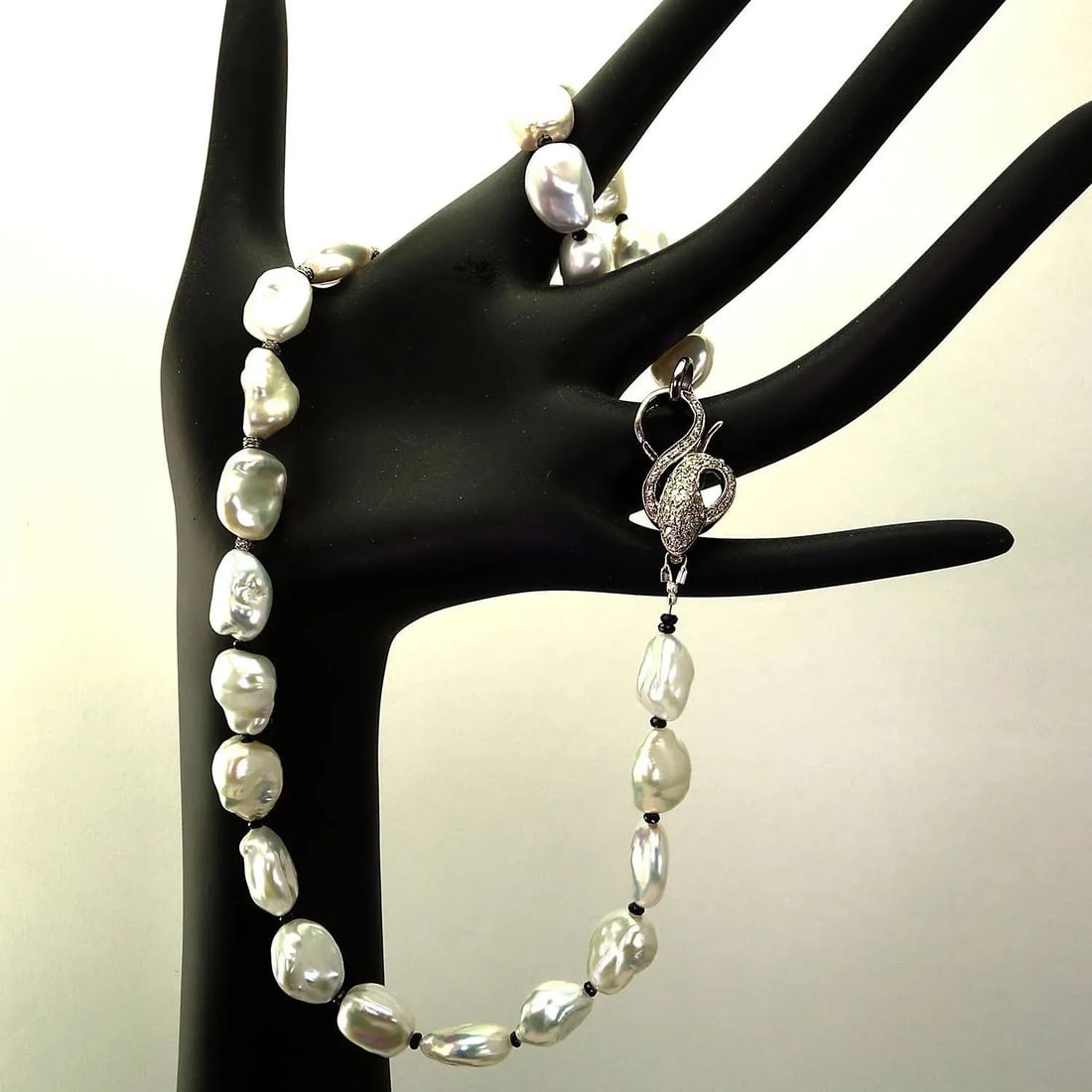 Iridescent Silver Baroque Pearl Necklace and Diamond Accents - 4