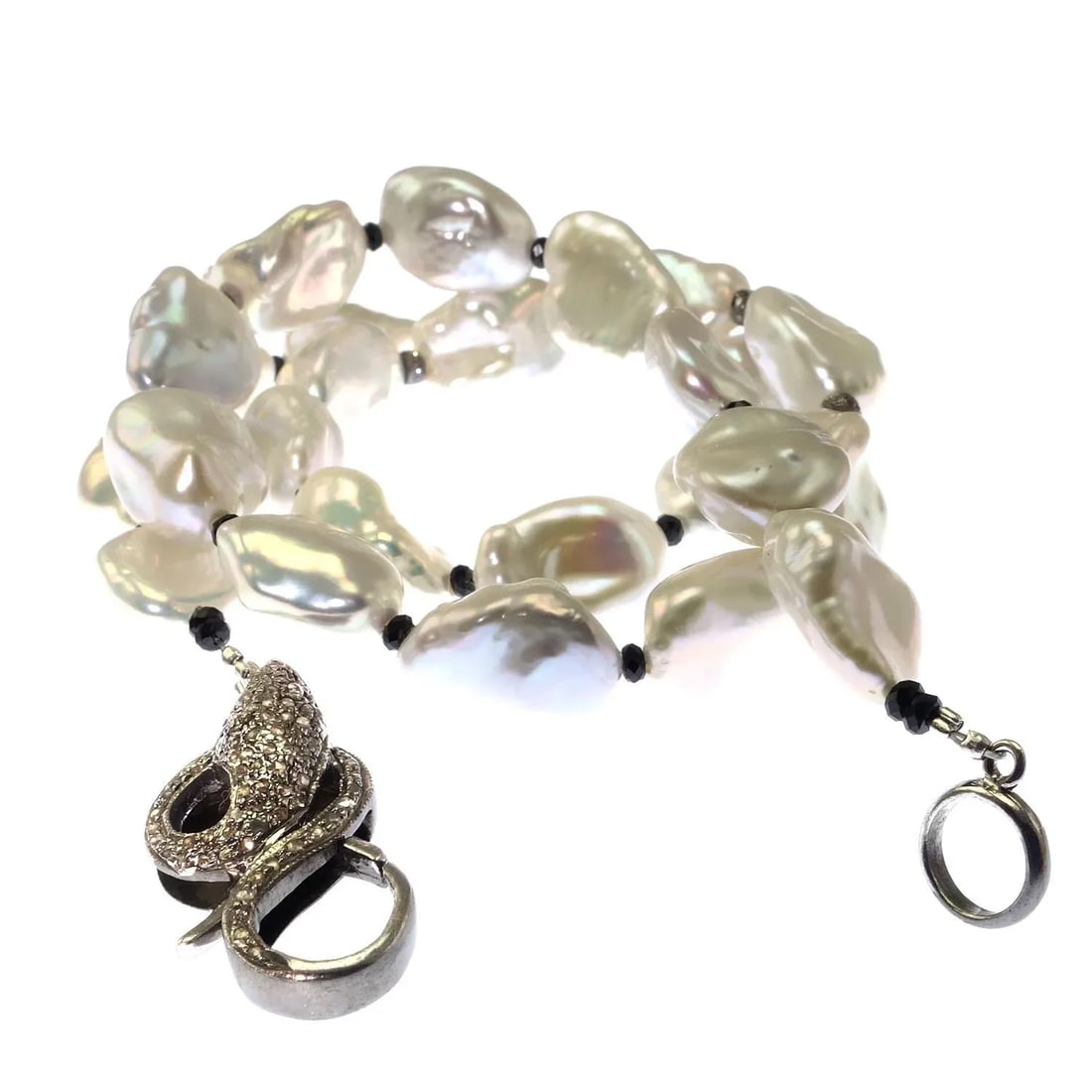 Iridescent Silver Baroque Pearl Necklace and Diamond Accents - 5