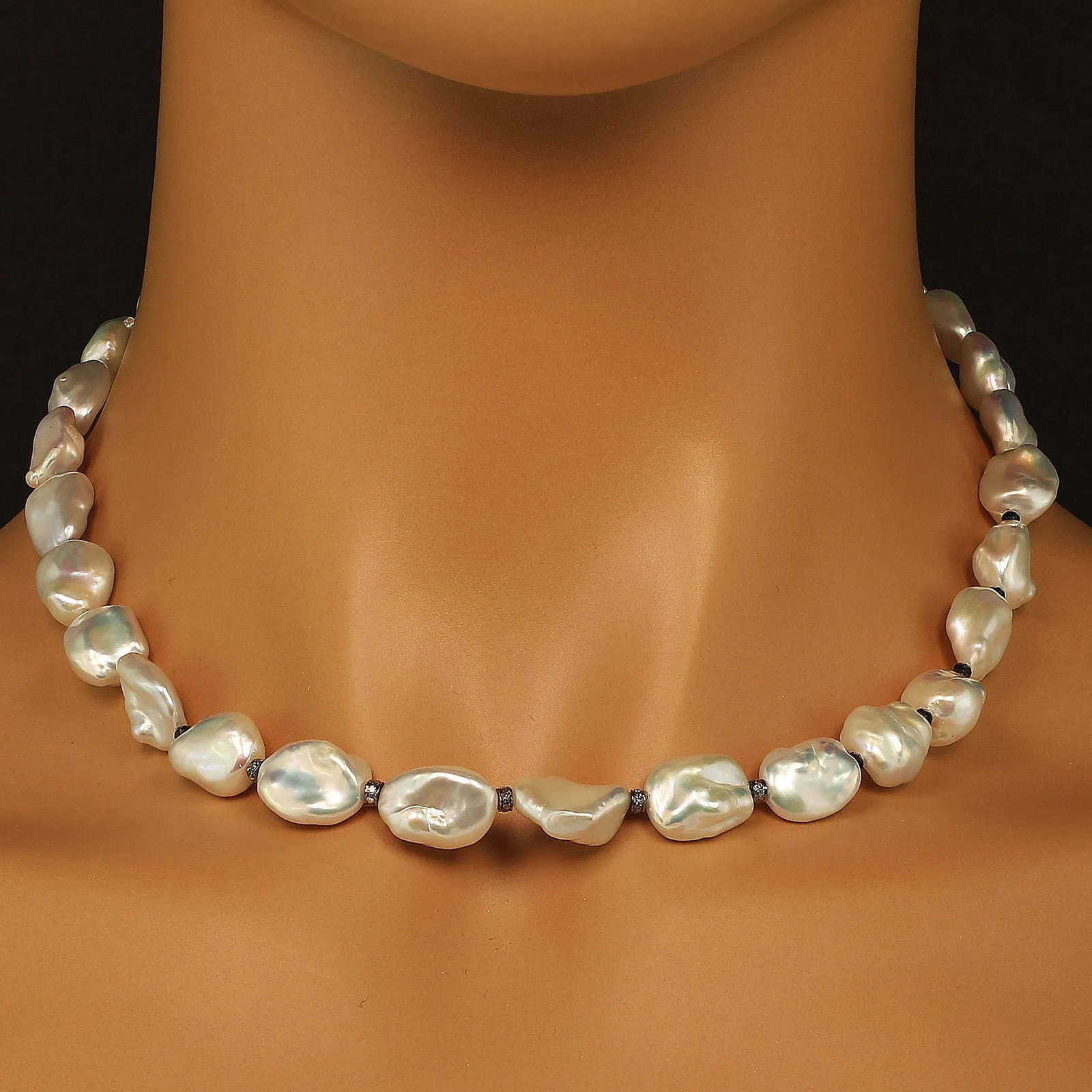 Iridescent Silver Baroque Pearl Necklace and Diamond Accents - 6
