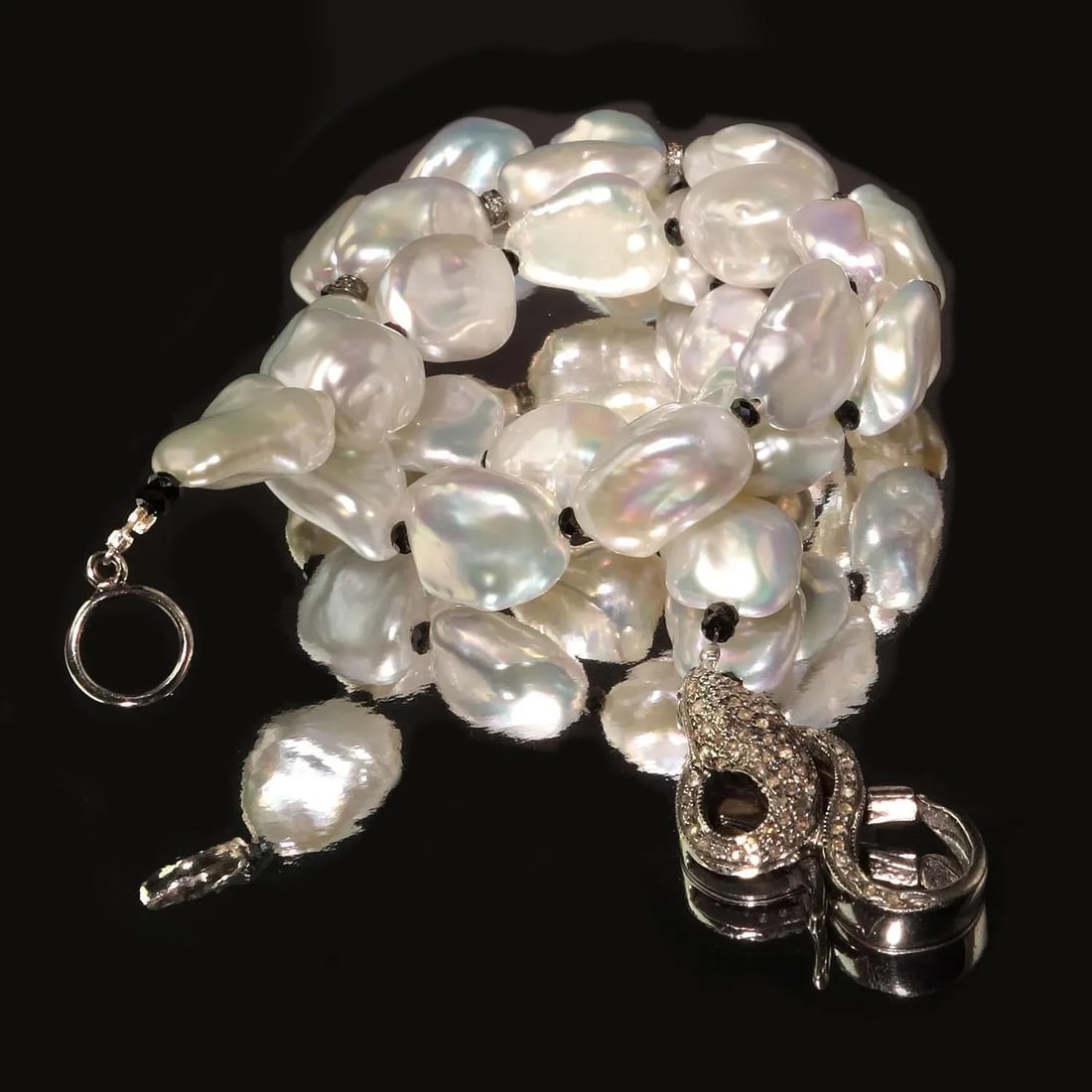 Iridescent Silver Baroque Pearl Necklace and Diamond Accents - 7