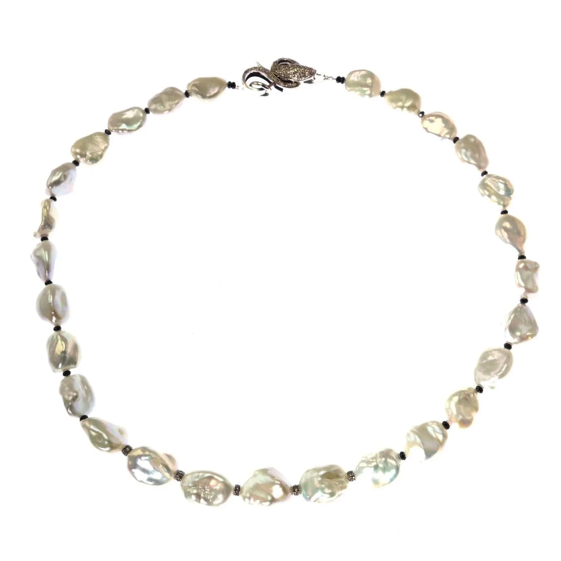 Iridescent Silver Baroque Pearl Necklace and Diamond Accents - 9