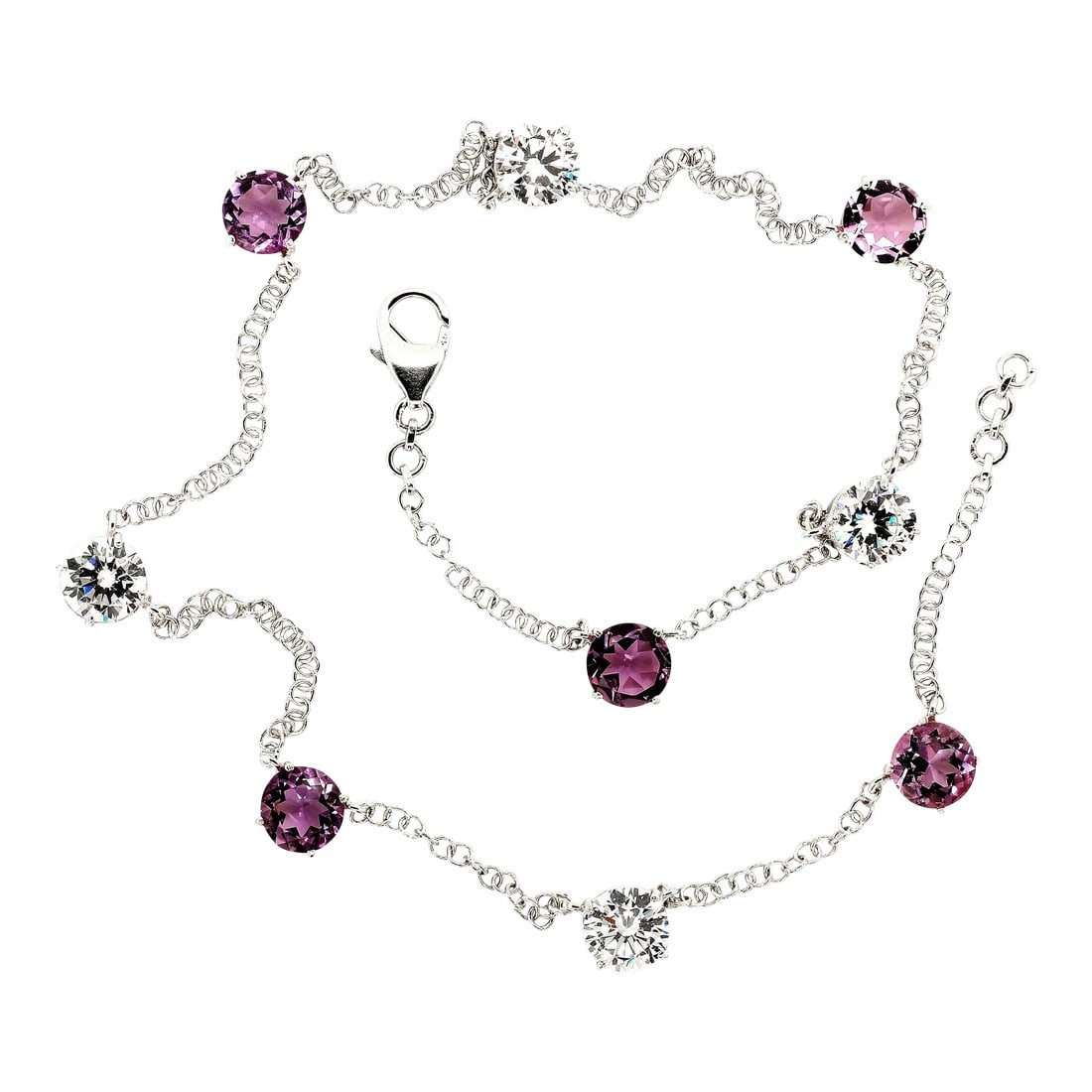 Necklace of Amethyst and Genuine White Zircon February Birthstone: This is part of Chairish's Fine Jewelry assortment. Experience the allure of this unique handmade necklace, featuring five stations of stunning 8mm Amethyst gemstones alternating with four stations