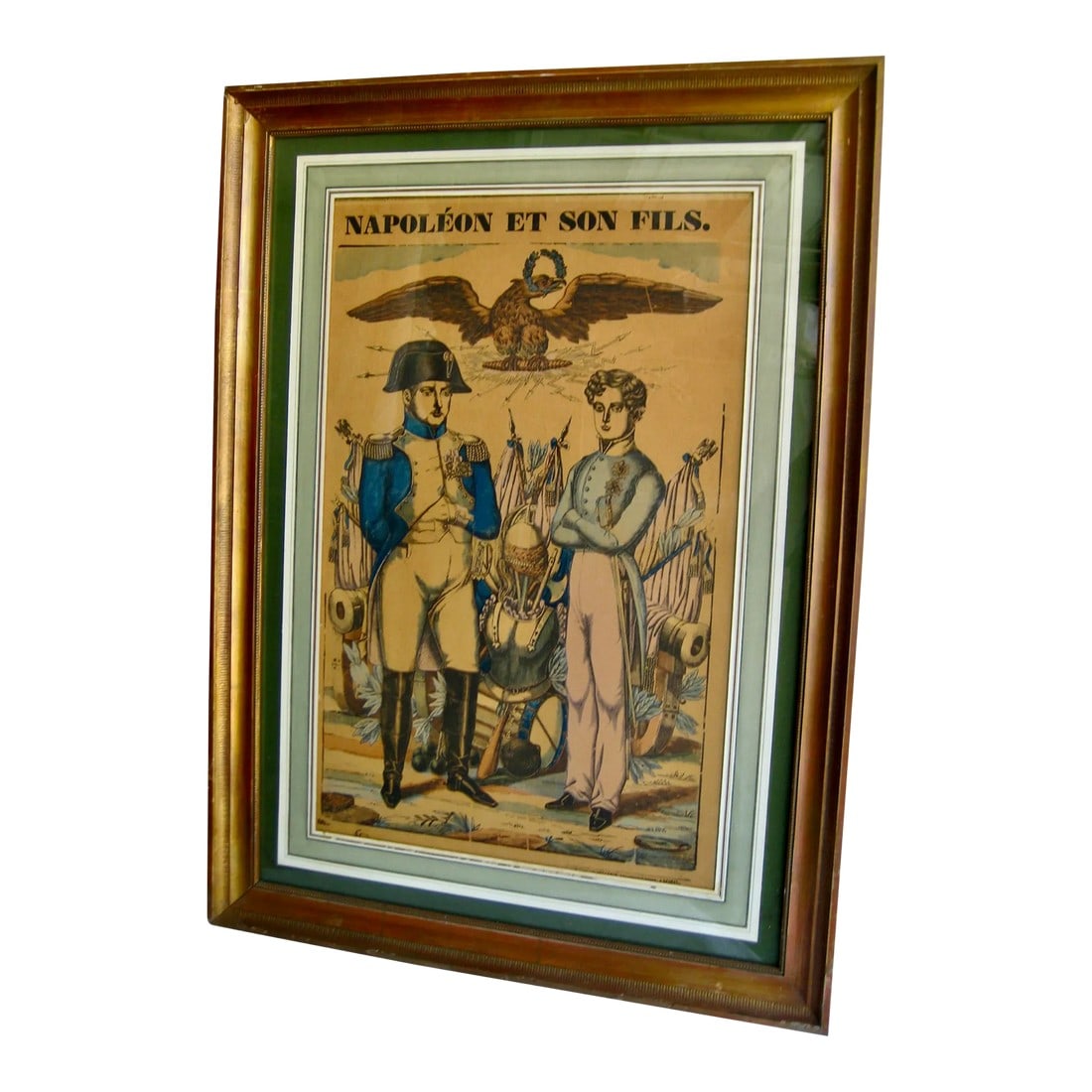 Early 20th Century Napoleon I and Son Print, Framed: This rare print represent Napoleon I and his son with all the emblematic theme of the first empire , this print can be date from the very early 20 century and his signed at the bottom with the city