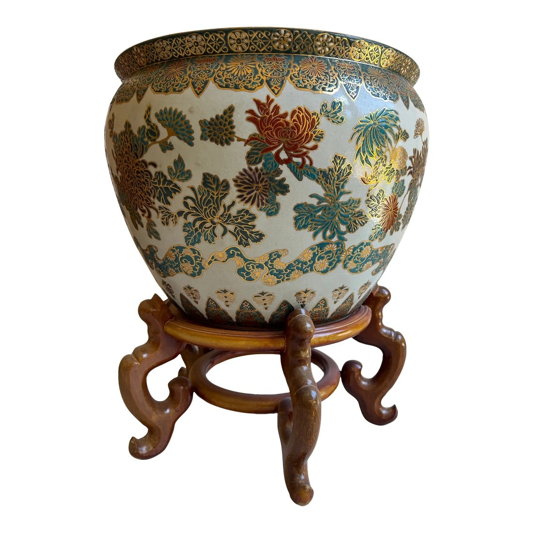 1980s Large Vintage Ceramic Chinese Fish Bowl/Jardiniere Planter With a Coral and Flower Motif, Stan: This elegant and colorful vintage fishbowl was created in China, circa 1980s. Round in shape, the large porcelain bowl features a classic, coastal motif with flowers and coral. The ceramic bowl is