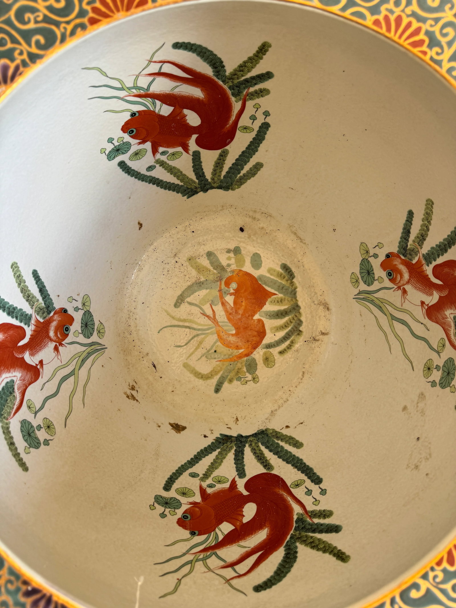 1980s Large Vintage Ceramic Chinese Fish Bowl/Jardiniere Planter With a Coral and Flower Motif, Stan - 8