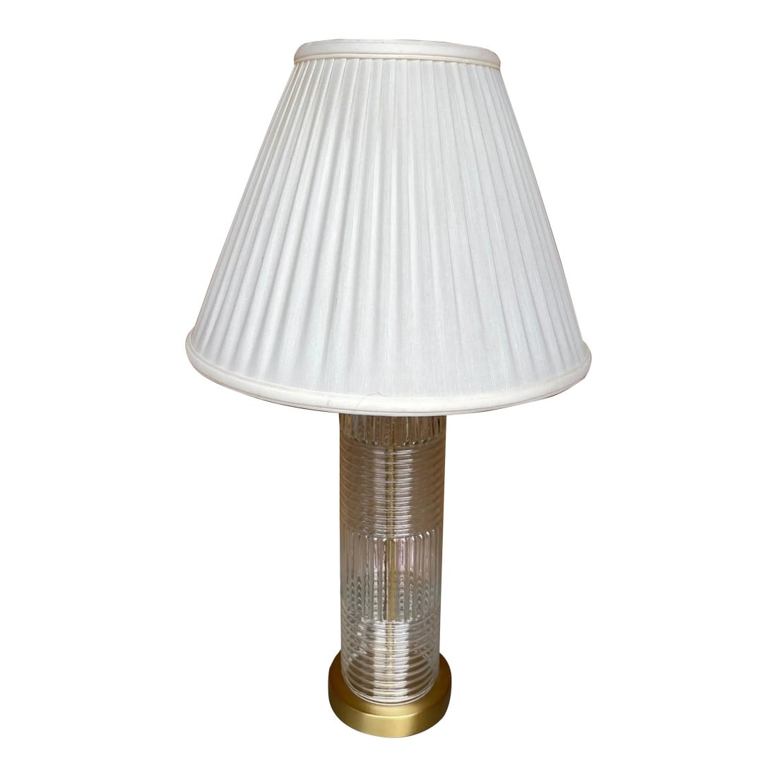 Stiffel Ribbed Glass Cylinder Table Lamp: Stiffel Glass Cylinder Table Lamp, ribbed design with brushed gold base and hardware. White shade. Perfect for a modern contemporary home. 22in h x 5.75in diameter 28.5in h to finial shade 12in h x