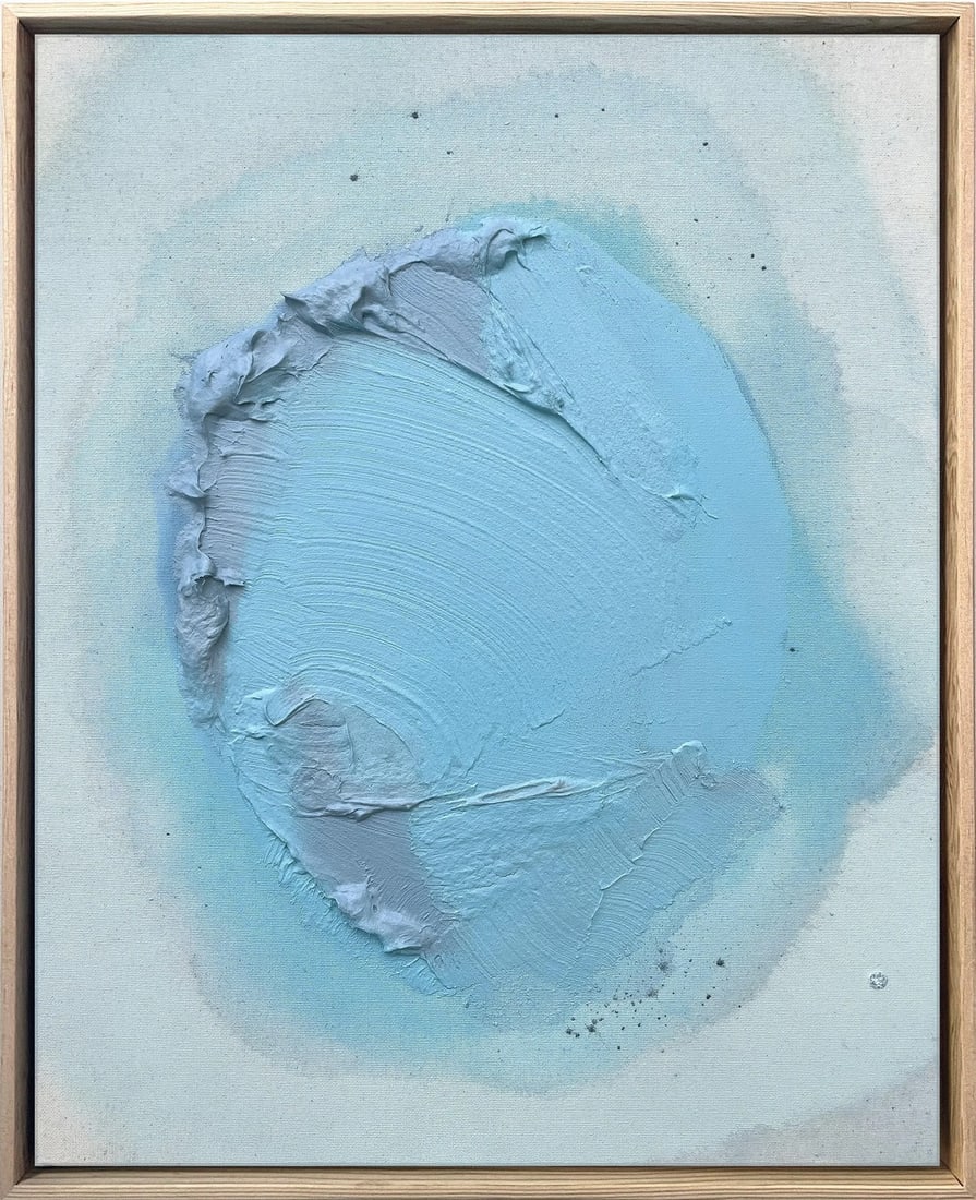 Raku No01 Dimensional Texture Abstract Painting in Atmospheric Sky Blue and Periwinkle, Framed: The painting is an art study of acrylic, ink, texture medium, and glaze on stretched canvas, which is framed in a natural wood float frame. This experimental art study was painted in 2023 while the