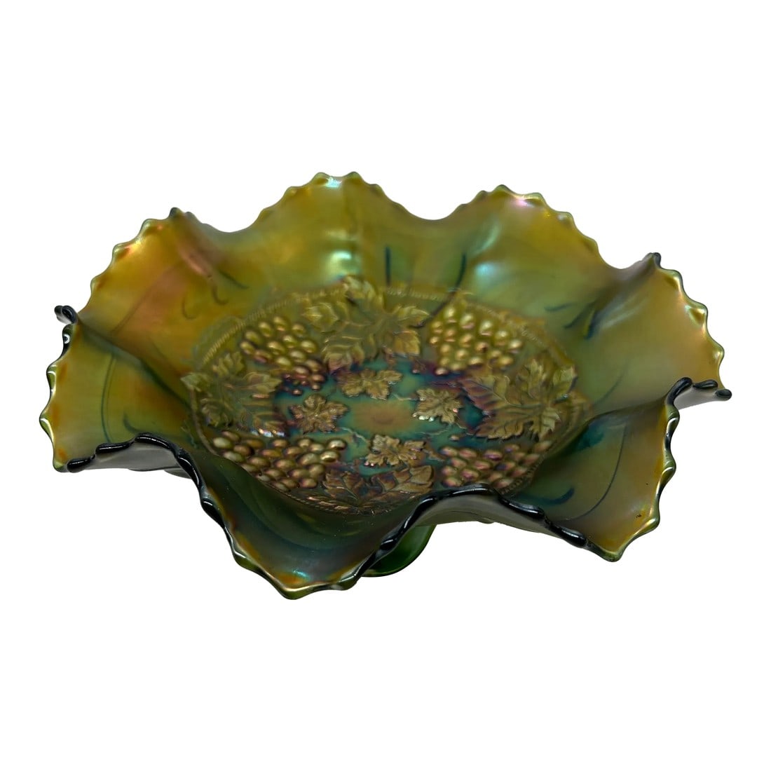 Antique Northwoods Carnival Glass Ruffled Edge Footed Bowl: Lovely ruffled edge carnival glass bowl from the 1910s. Harry Northwood began his career working in the glass industry in England. In 1881. He immigrated to the United States and opened H. Northwood