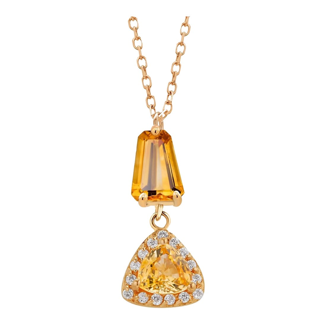 Shaped Yellow Sapphire Diamond 2.45 Carat 14 Karat Gold 17 Inch Pendant: This is part of Chairish's Fine Jewelry assortment. Introducing our exquisite Yellow Sapphire and Halo Diamond Gold Drop Pendant"”a timeless masterpiece that embodies elegance and