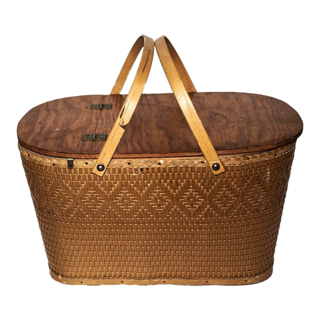 Vintage Red-Man Redmon Woven Picnic Basket - Handles & Lid: So much history with this company! This is a rare woven wicker and wood picnic basket with handles and hinged lid from the 1950's. It has the original metal tag still affixed to the underside of