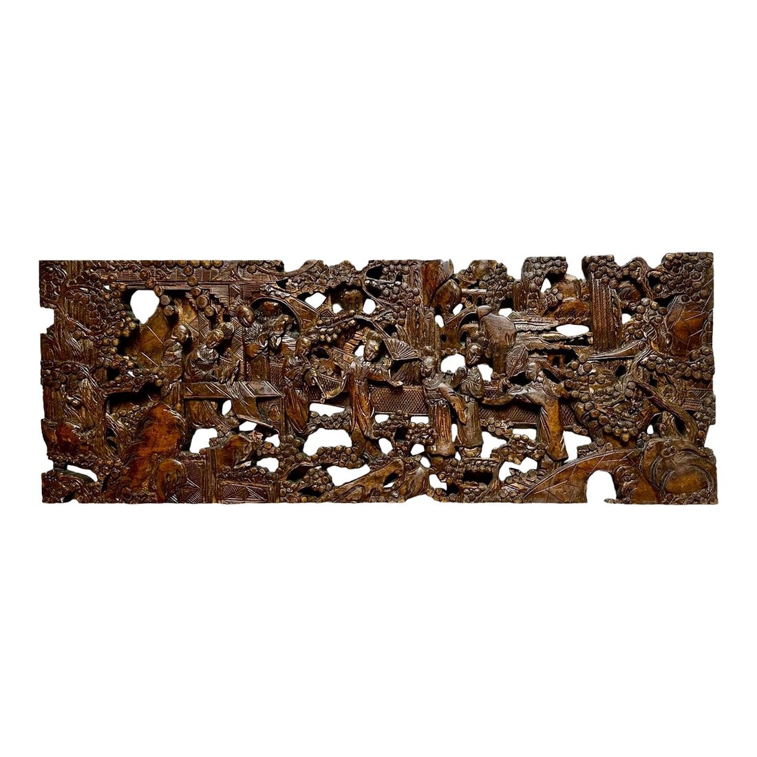 Antique Chinese Hand-Carved Wall Art Wood Sculpture Fine Art Scenes: Large Chinese intricately carved wall panel from a single thick wood plank depicts cultural fine art scenes; calligraphy, music, singing, and dancing in backdrop of village pagodas and trees. Gilding