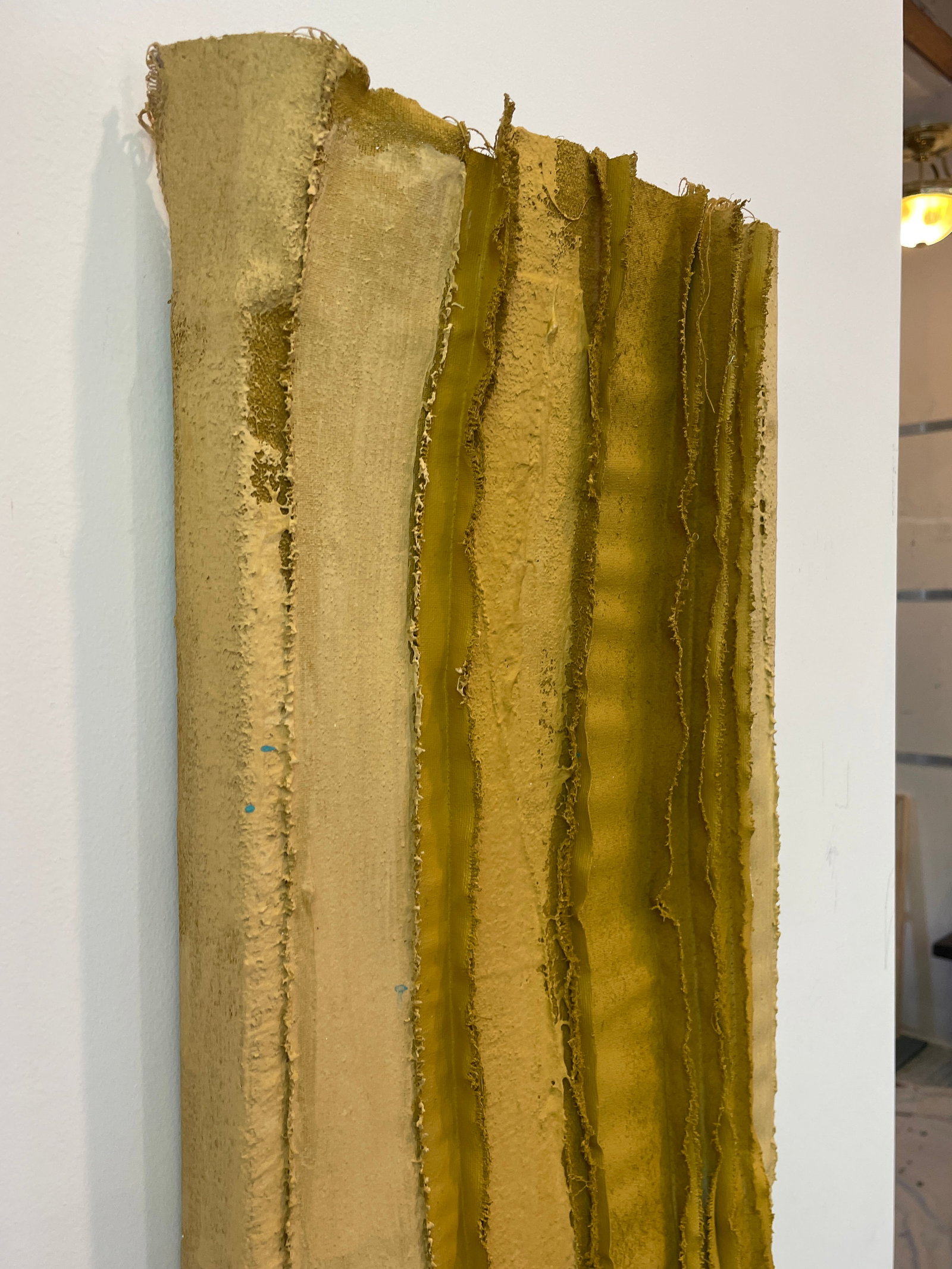 Tandem 02 Mustard Yellow Wall Sculpture of Salvaged Art Materials - 4