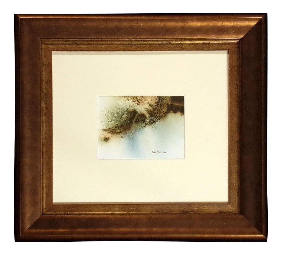 Expressionist Nanci Blair Closson "Earth Series I" Original Watercolor Painting With New Custom Fram: Small original watercolor painting with custom frame. The painting appears to be abstract at first glance, but if you look closely you can see a falling apart barn and fences. Offers considered.