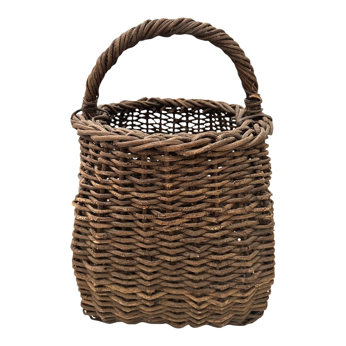Vintage Grapevine Gathering Basket: Vintage Grapevine Gathering Basket, primitive, rustic looking. Perfect for a faux flower arrangement. 19in h to handle 13.25in h basket 13 x 13 at bottom of basket 9 x9 in opening Make sure to