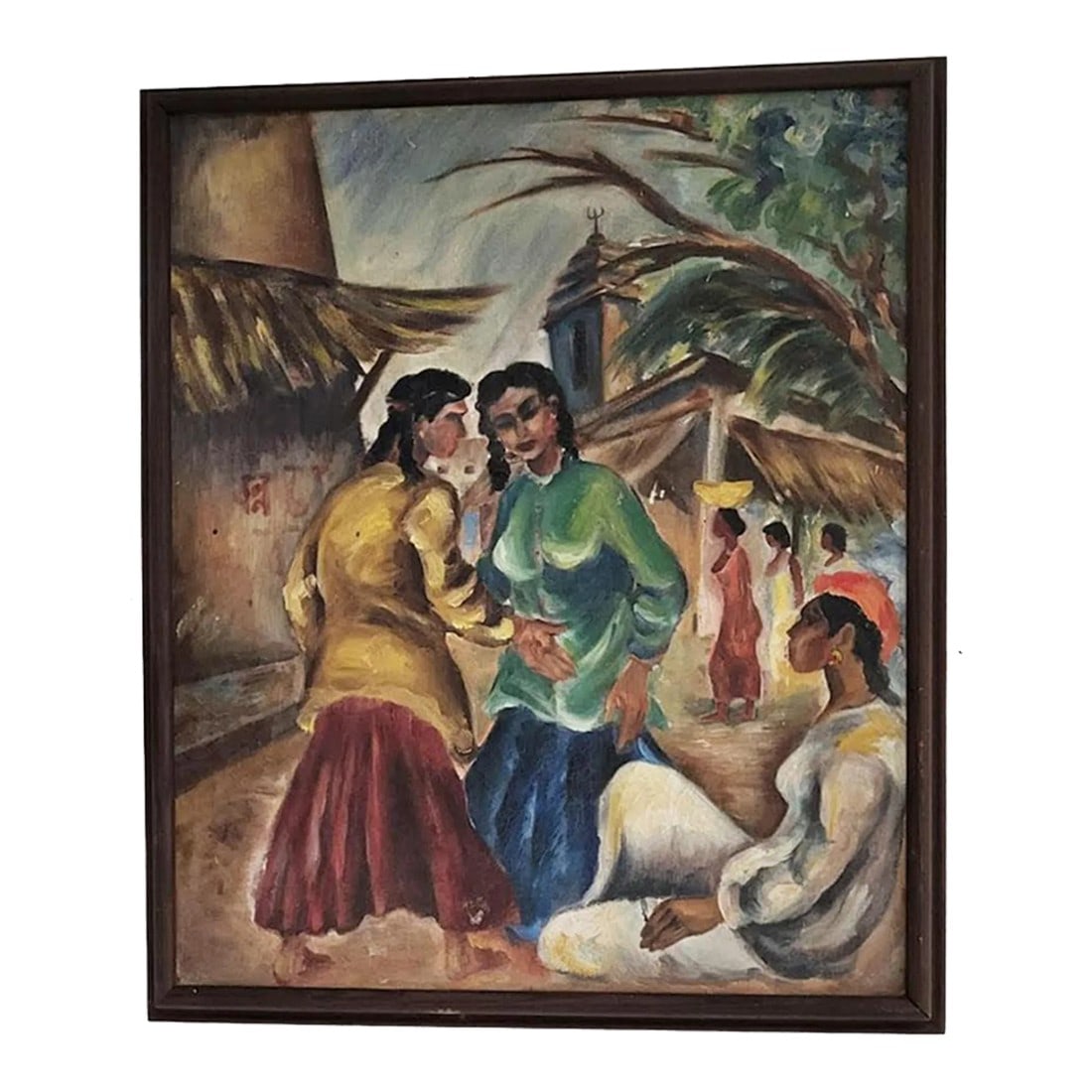 Vintage Oil Painting Three Peasant Women in Native Dress Having a Conversation: Charming vintage oil on canvas of 3 peasant women in native dress engaged in conversation. Colorful, textured (a bit rough to the touch), nicely framed in wood, unsigned, perhaps a tourist item,