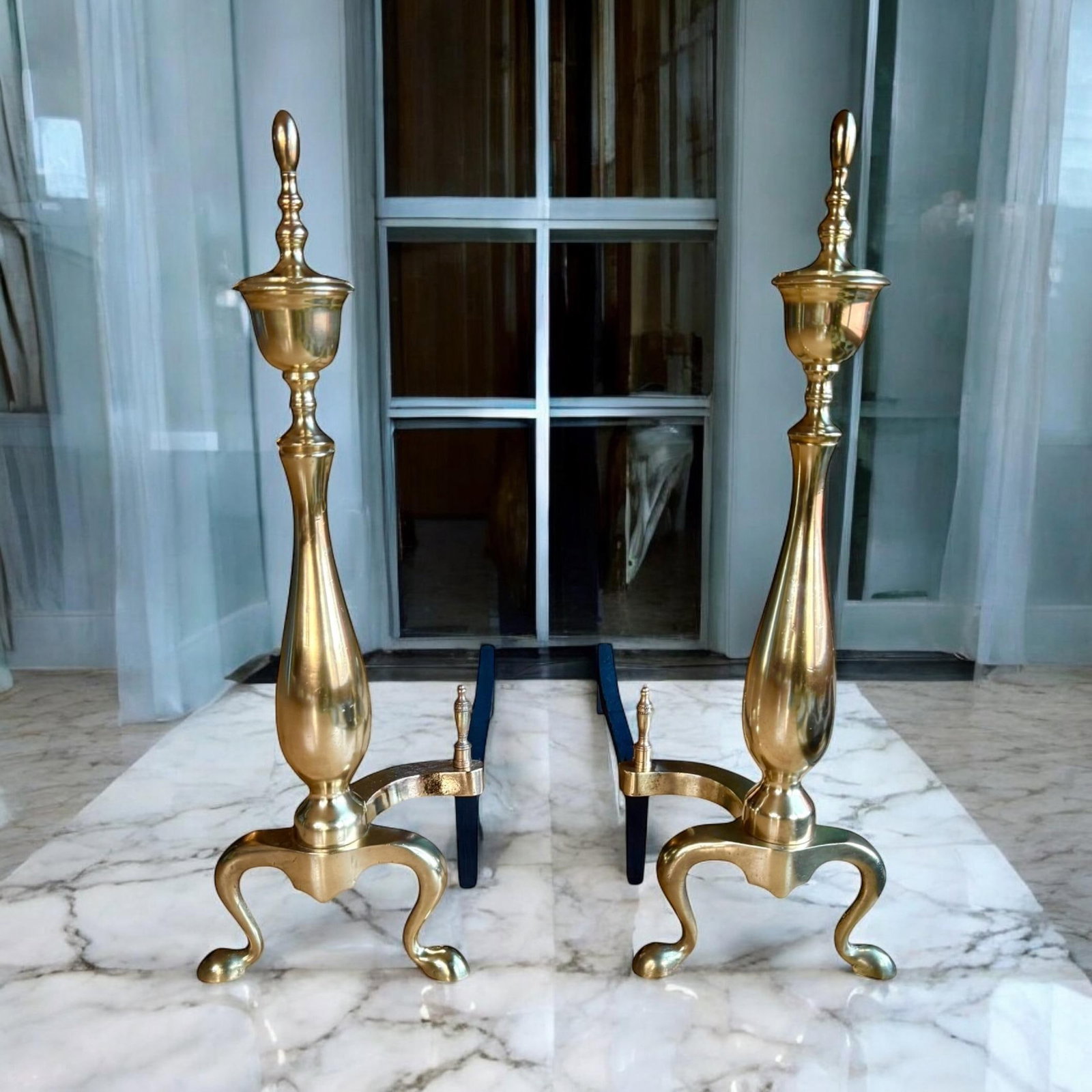 Restored Chippendale Style Vintage Brass Andirons- A Pair - 2