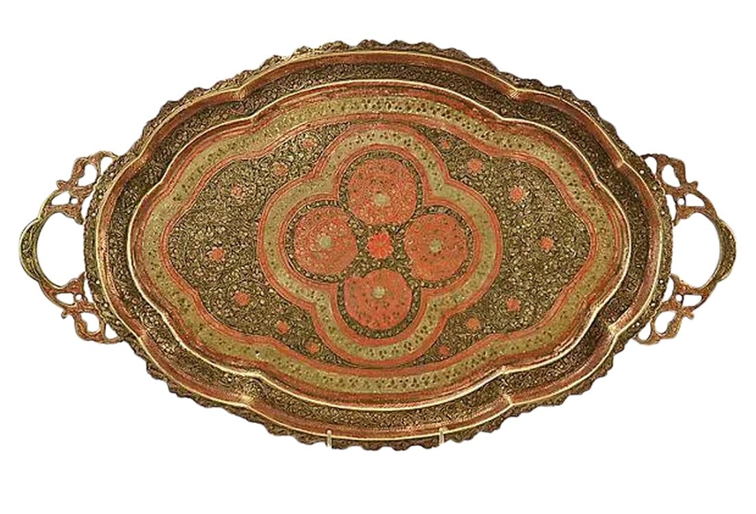 Antique Engraved Enameled 23" Oval Brass Tray: Large 23" oval antique brass tray with ornate handles and hand-engraved flora and vine design in hand painted red and black enamel. Marked underside. Stand not included. Light wear with patina. 