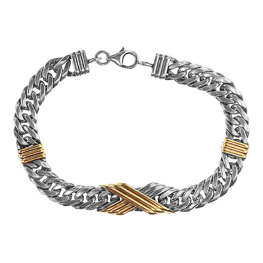 Late 20th Century Sterling Silver Link Bracelet With Goldy Bars: Elegant 7.5-Inch Sterling Silver Link Bracelet with Goldy Accents Elevate your accessory game with this stunning 7.5-inch sterling silver link bracelet, meticulously crafted to showcase both