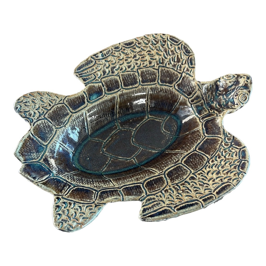 Art Pottery Sea Turtle Bowl: Beautiful hand carved art pottery sea turtle. Finely detailed. Condition: Alterations: Original Condition Unaltered Imperfections: Some Imperfections Condition Notes: Beautiful piece with no chips or
