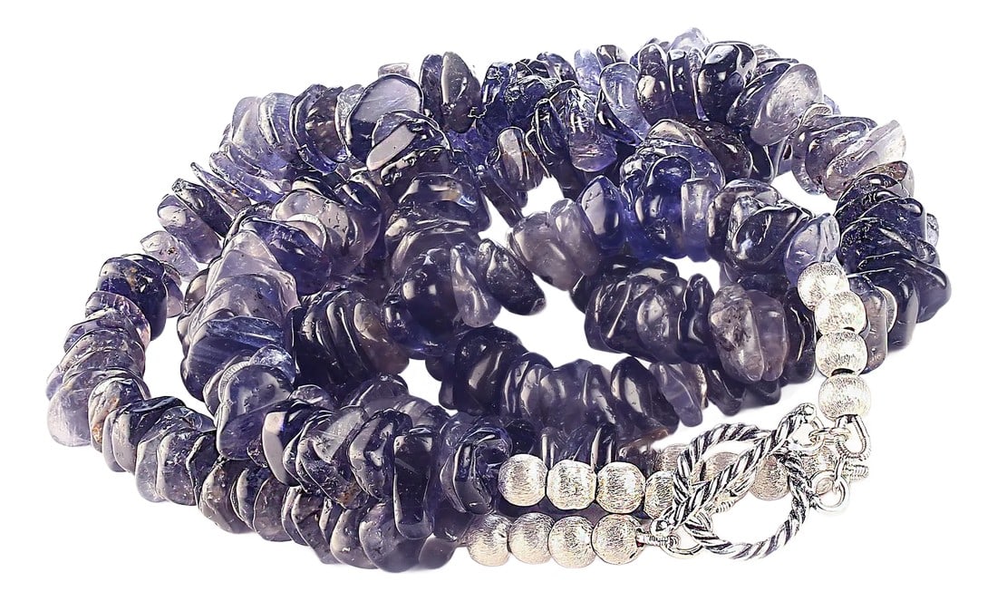 Blue Two Strand Iolite Freeform Chip Beaded Necklace: Iolite Freeform Two-Strand Necklace with Bali Silver Twisted Toggle Clasp – 18.5 Inches Elevate your style with this exquisite two-strand necklace featuring highly polished Iolite freeform chips,