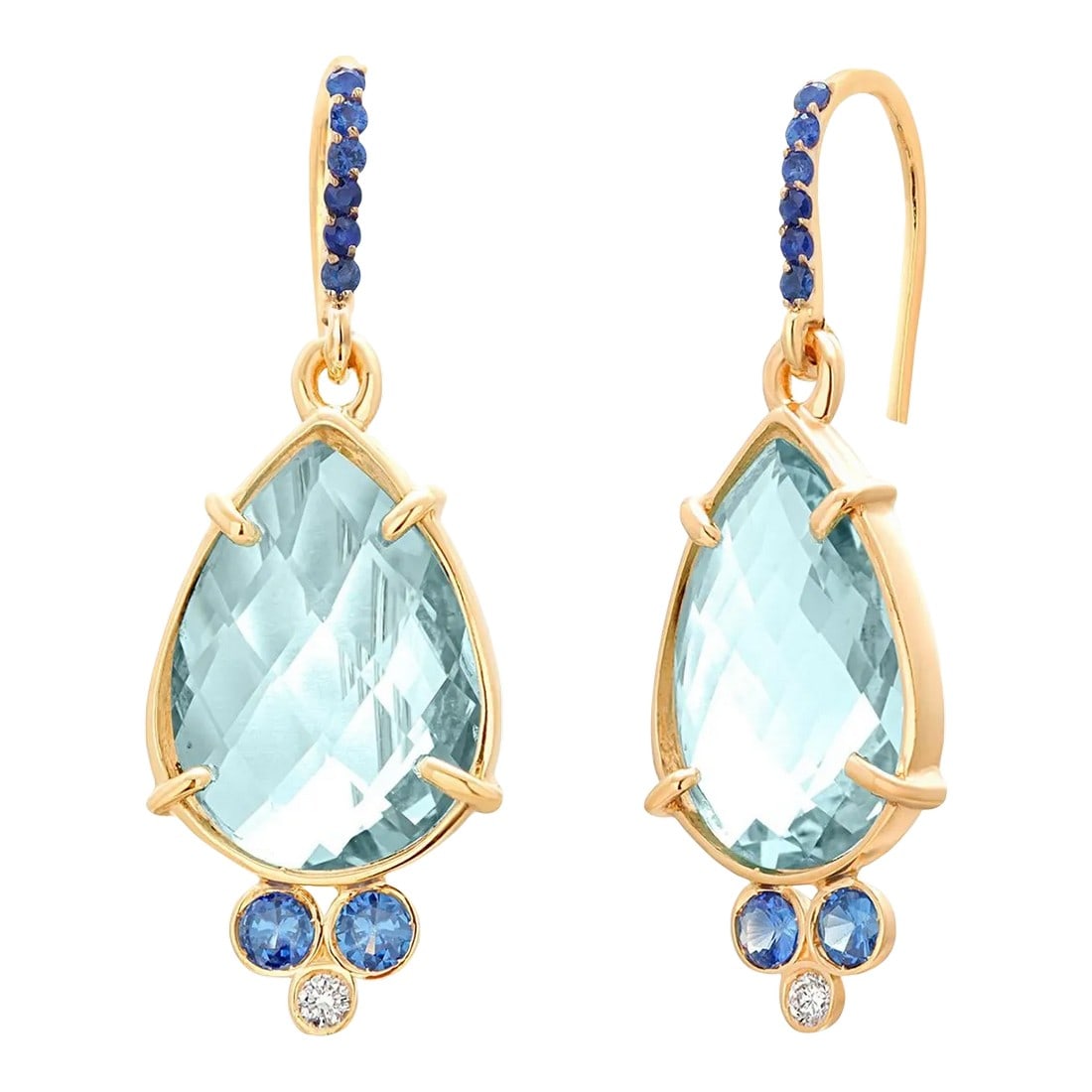 14 Karat Gold 1.50 Inch Hoop Earrings Pear Blue Topaz Diamonds Blue Sapphires - 2 Pieces (1 of 8)