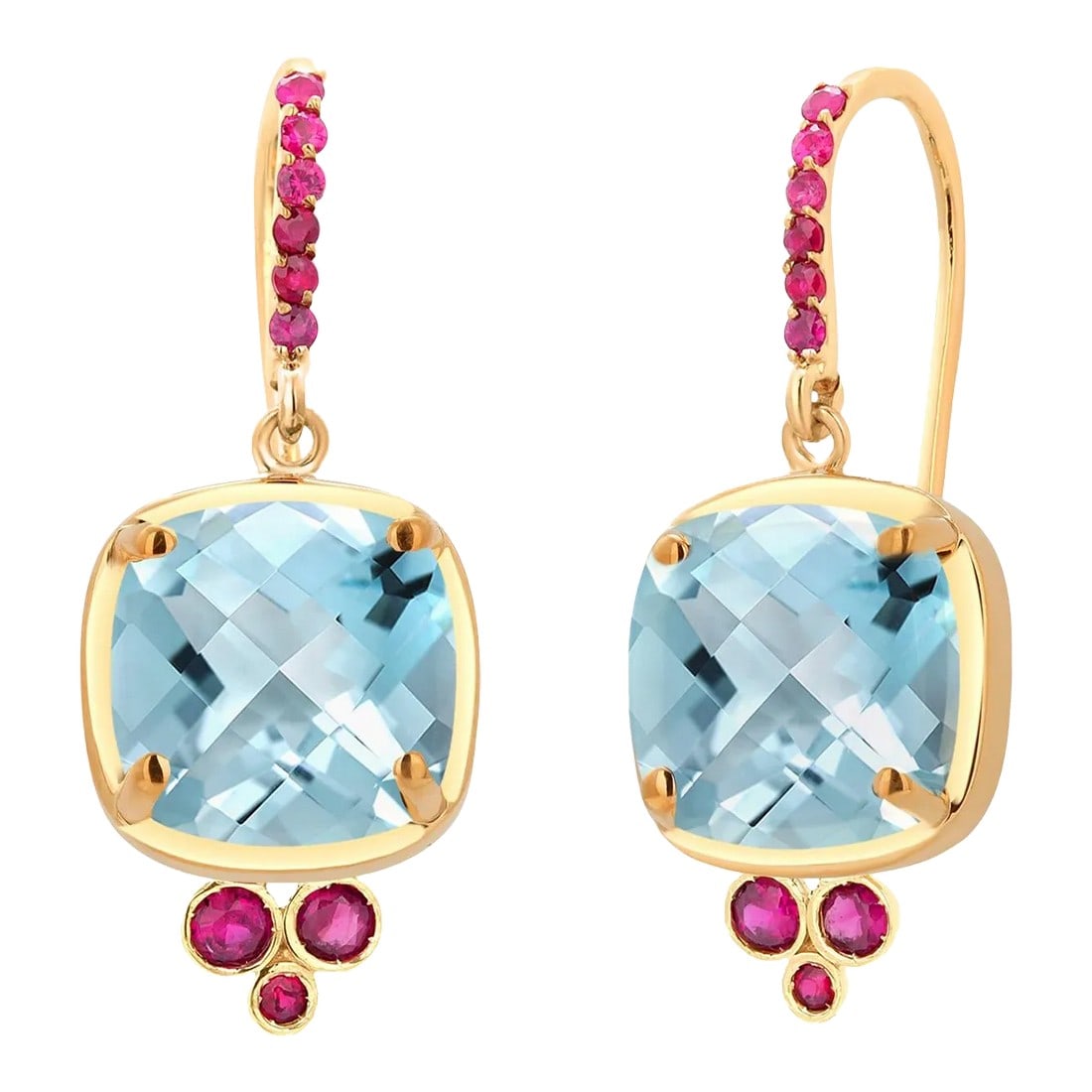 14 Karat Gold Shepherd Hoop Earrings Blue Topaz Ruby - 2 Pieces: Indulge in timeless elegance with our exquisite 14 Karat Yellow Gold Shepherd Hoop Earrings, meticulously crafted to elevate your jewelry collection. These luxurious earrings feature two captivating,